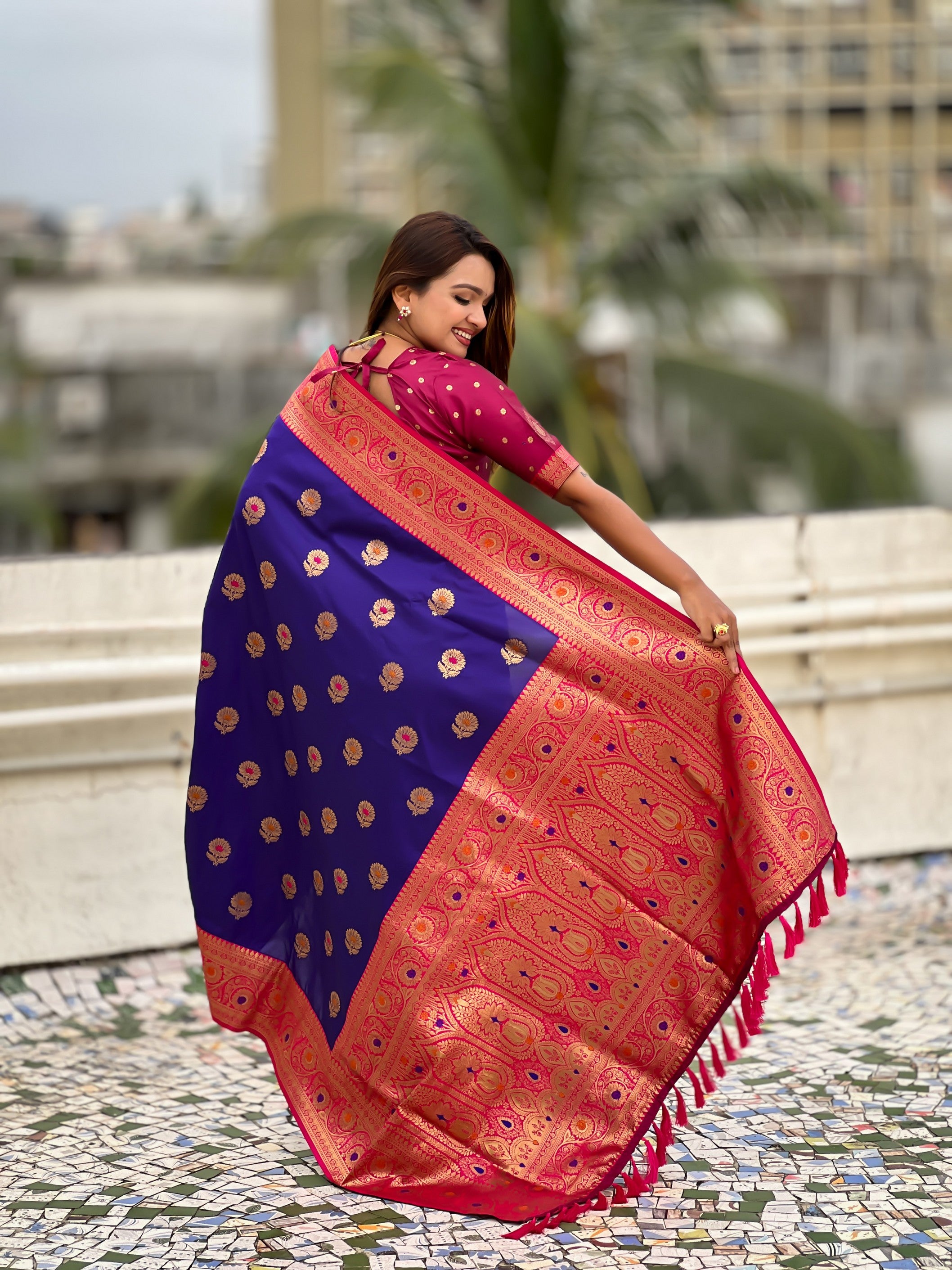 Violet Soft Silk Woven Meenakari Designer Trending Partywear Saree