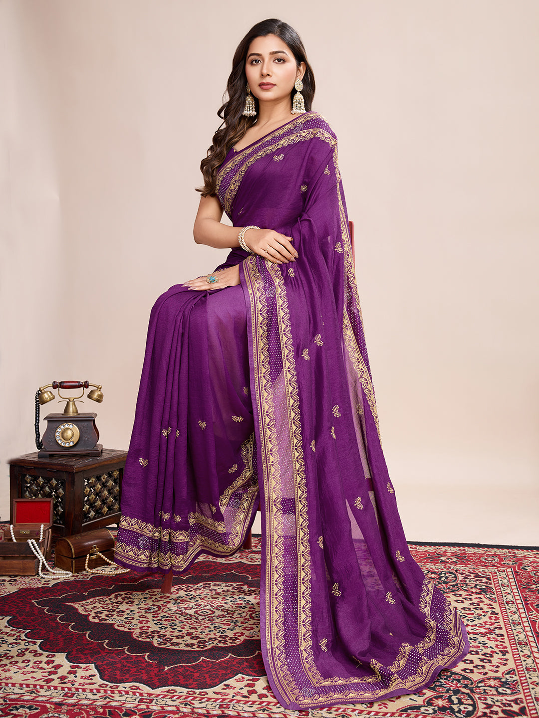 Violet Vichitra Silk Girlie Looks Designer Embroidery Work Wedding Season Saree