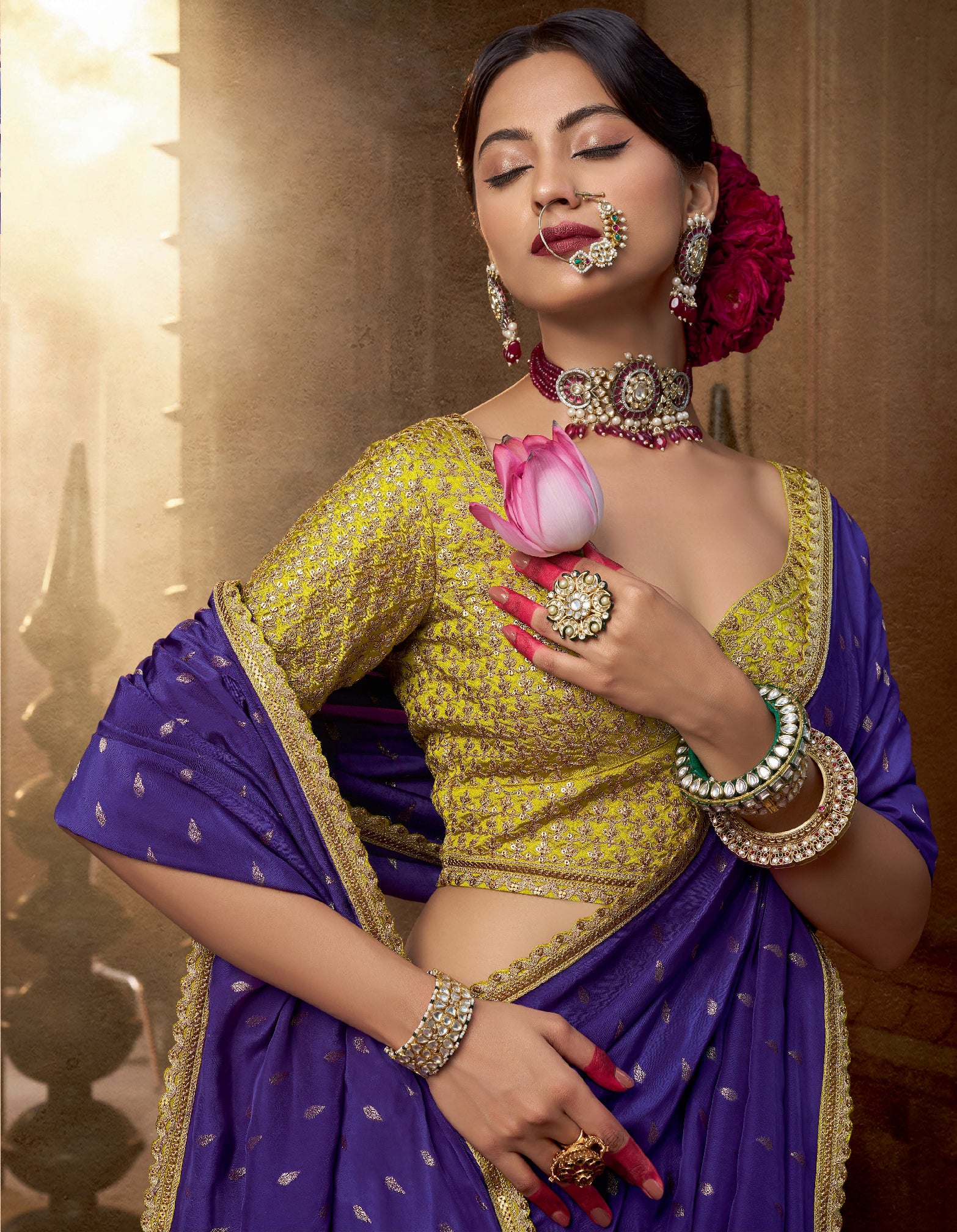 Violet Viscose Crepe Saree with Butti Weaving and Embroidered Blouse