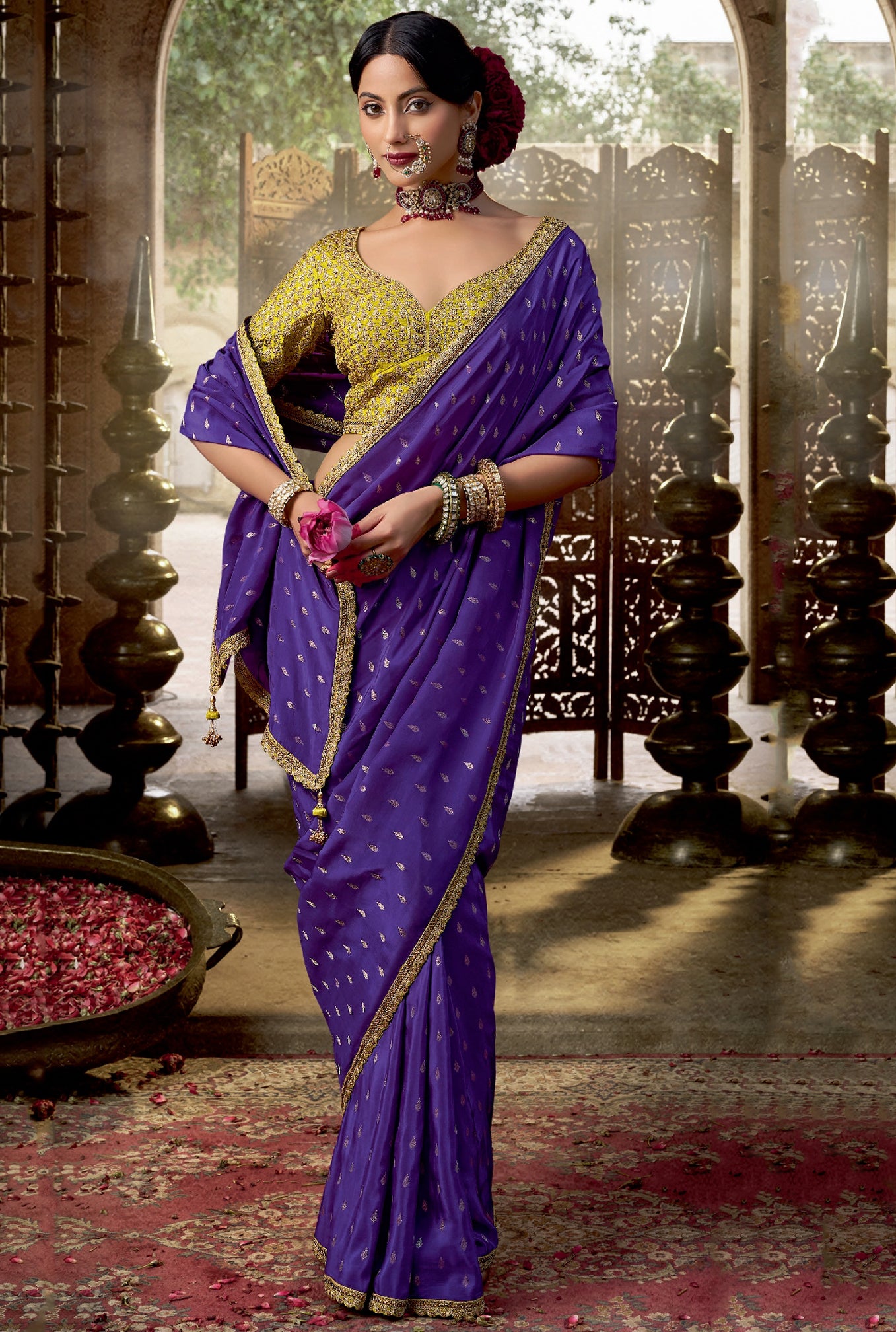 Violet Viscose Crepe Saree with Butti Weaving and Embroidered Blouse