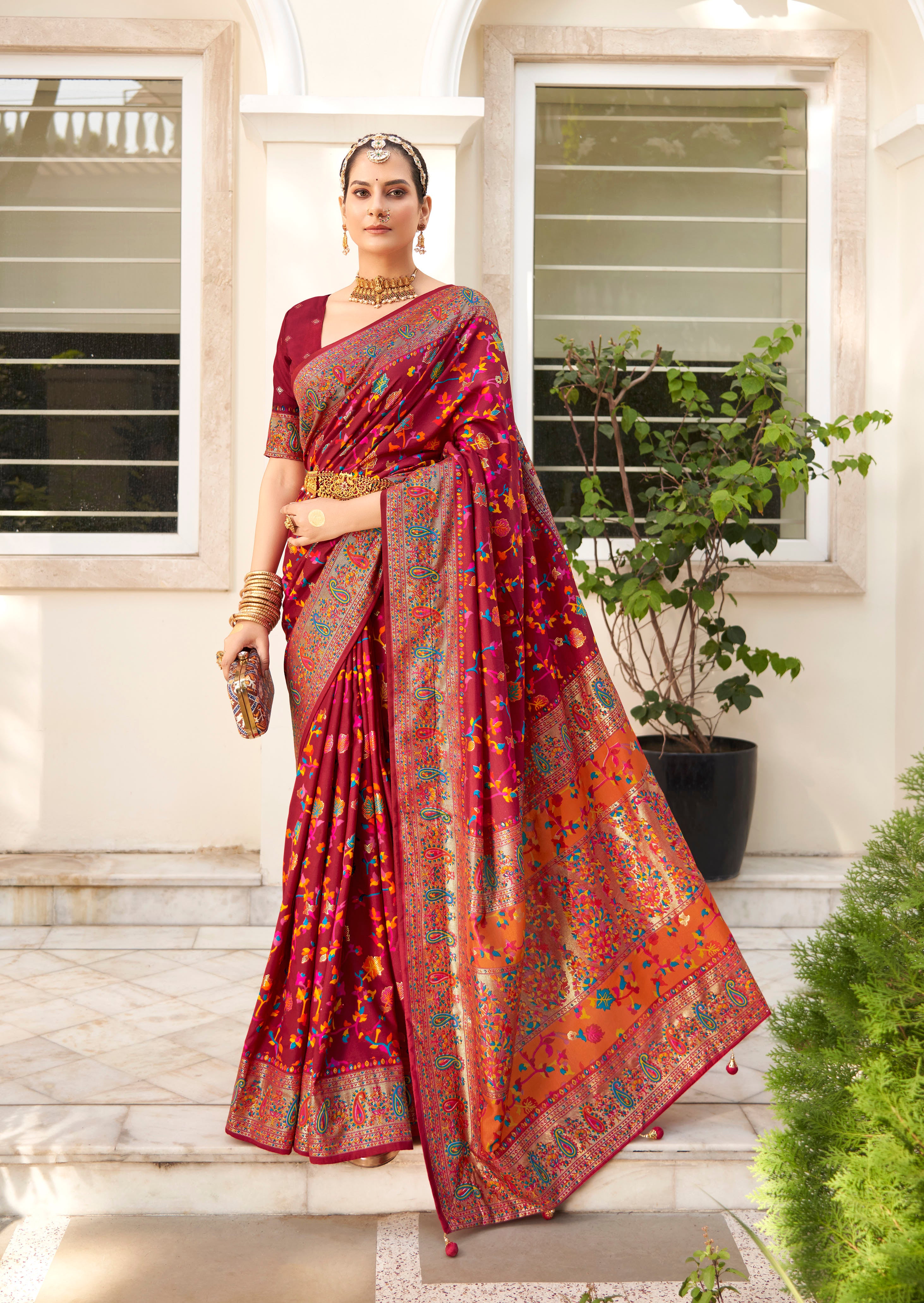 Vivid Burgundy Velvet Tussar Silk Woven Designer With Floral Printed Ethnic Wedding Wear Saree