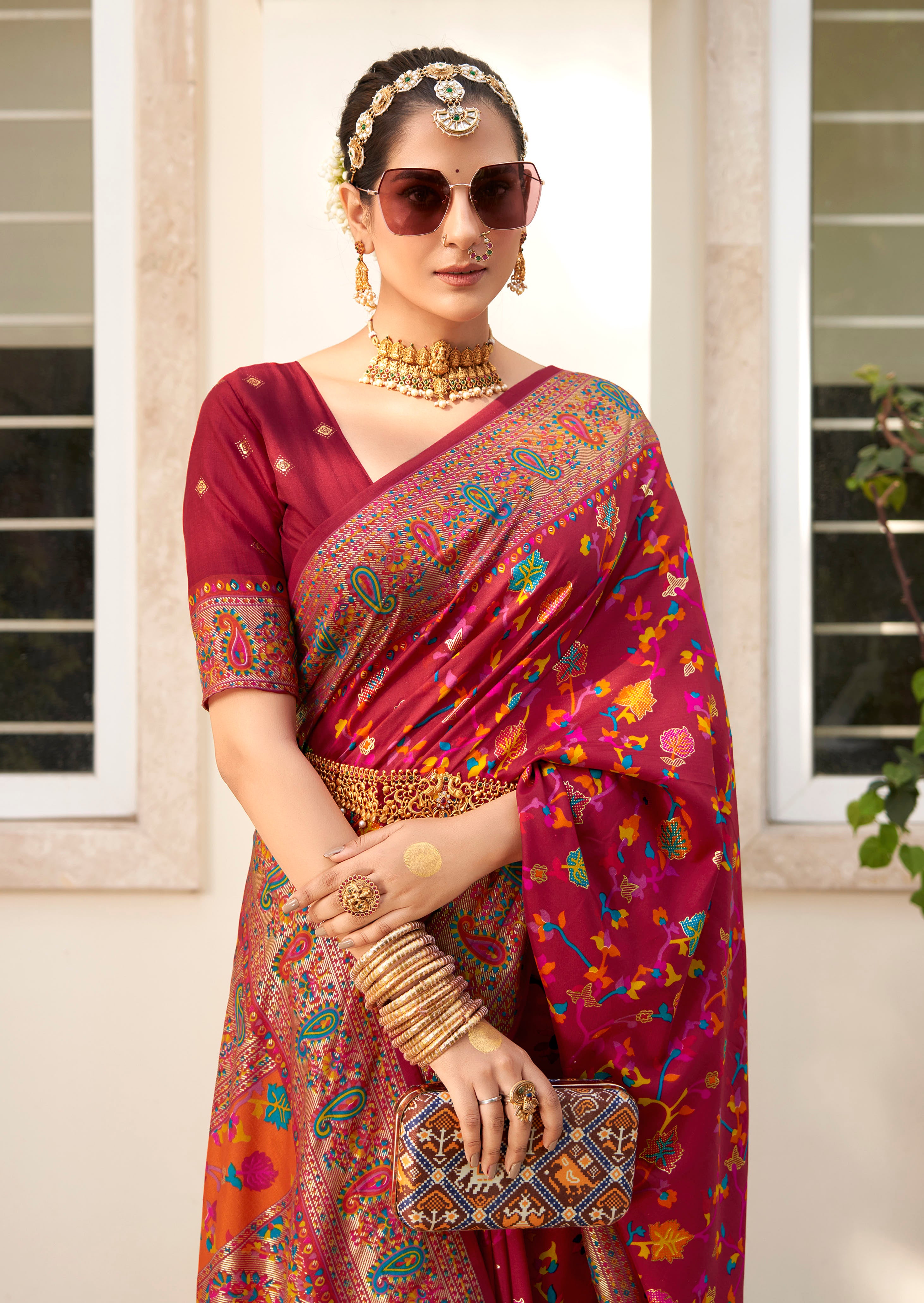 Vivid Burgundy Velvet Tussar Silk Woven Designer With Floral Printed Ethnic Wedding Wear Saree