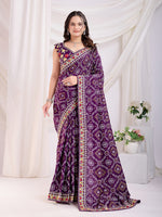 Voilet Bandhani Printed With Embroidery Work Beautiful Ceremonial Saree