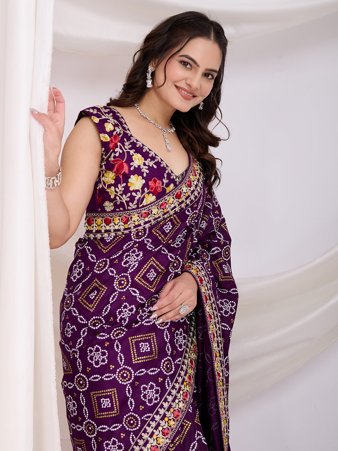 Voilet Bandhani Printed With Embroidery Work Beautiful Ceremonial Saree