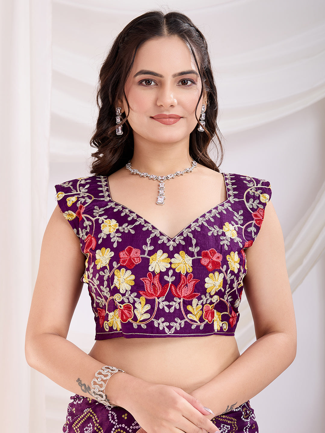 Voilet Bandhani Printed With Embroidery Work Beautiful Ceremonial Saree