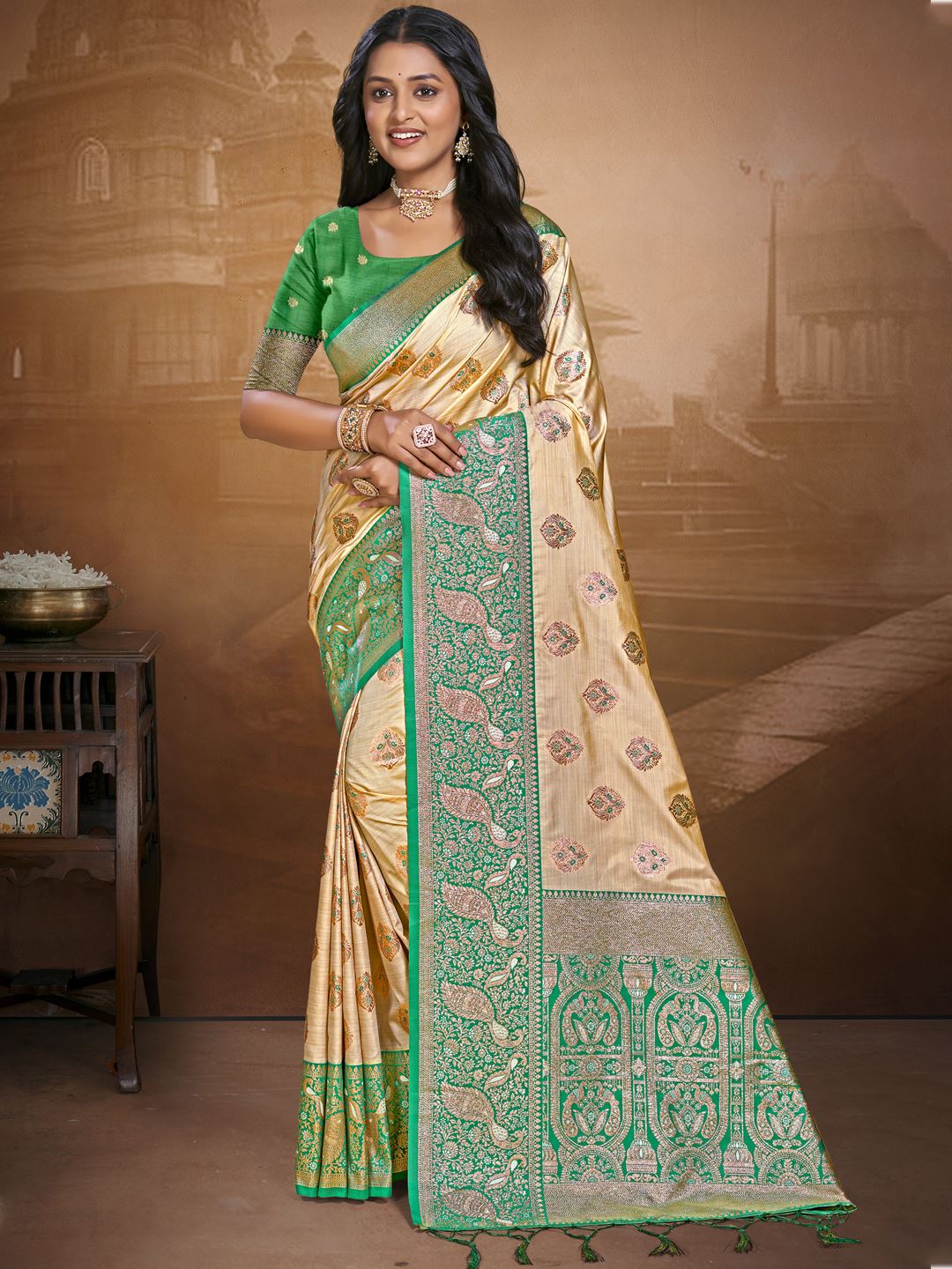 Warm Beige and Fresh Green Silk Saree