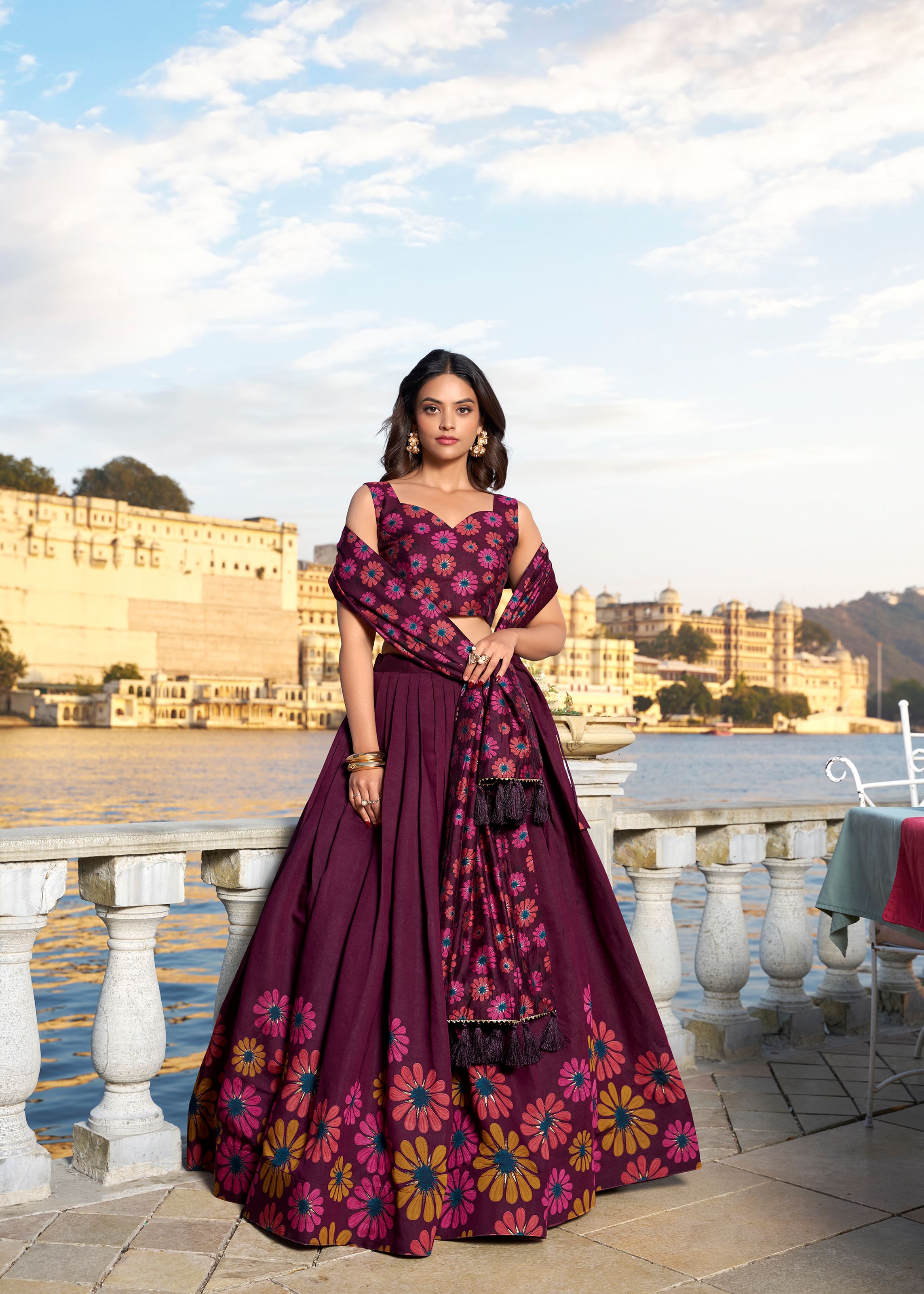Where Tradition Meets Glamour Floral Print Lehenga in Rich Wine Silk