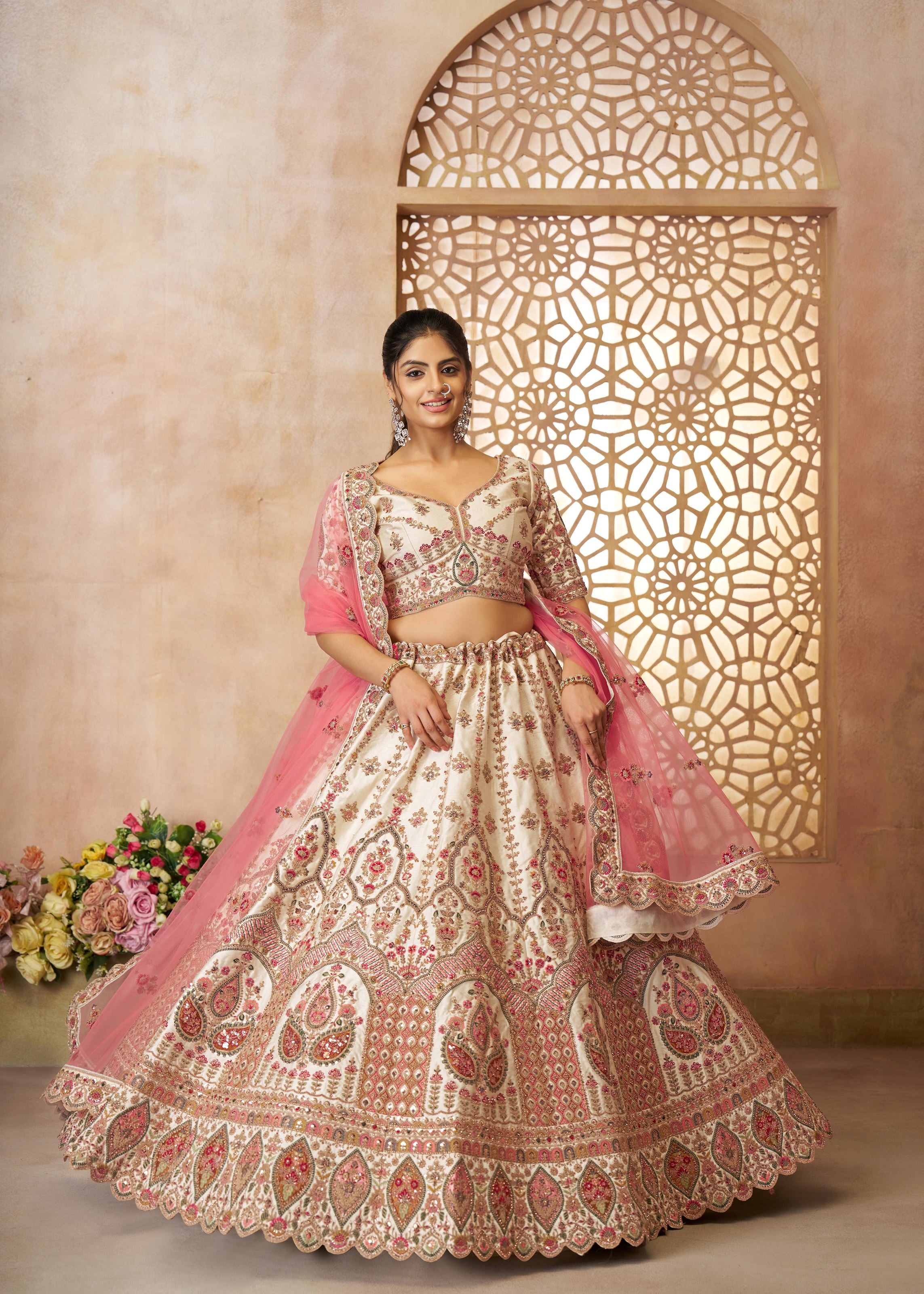 Whimiscal White Imperial Patterned Embroidered Bridal Lehenga