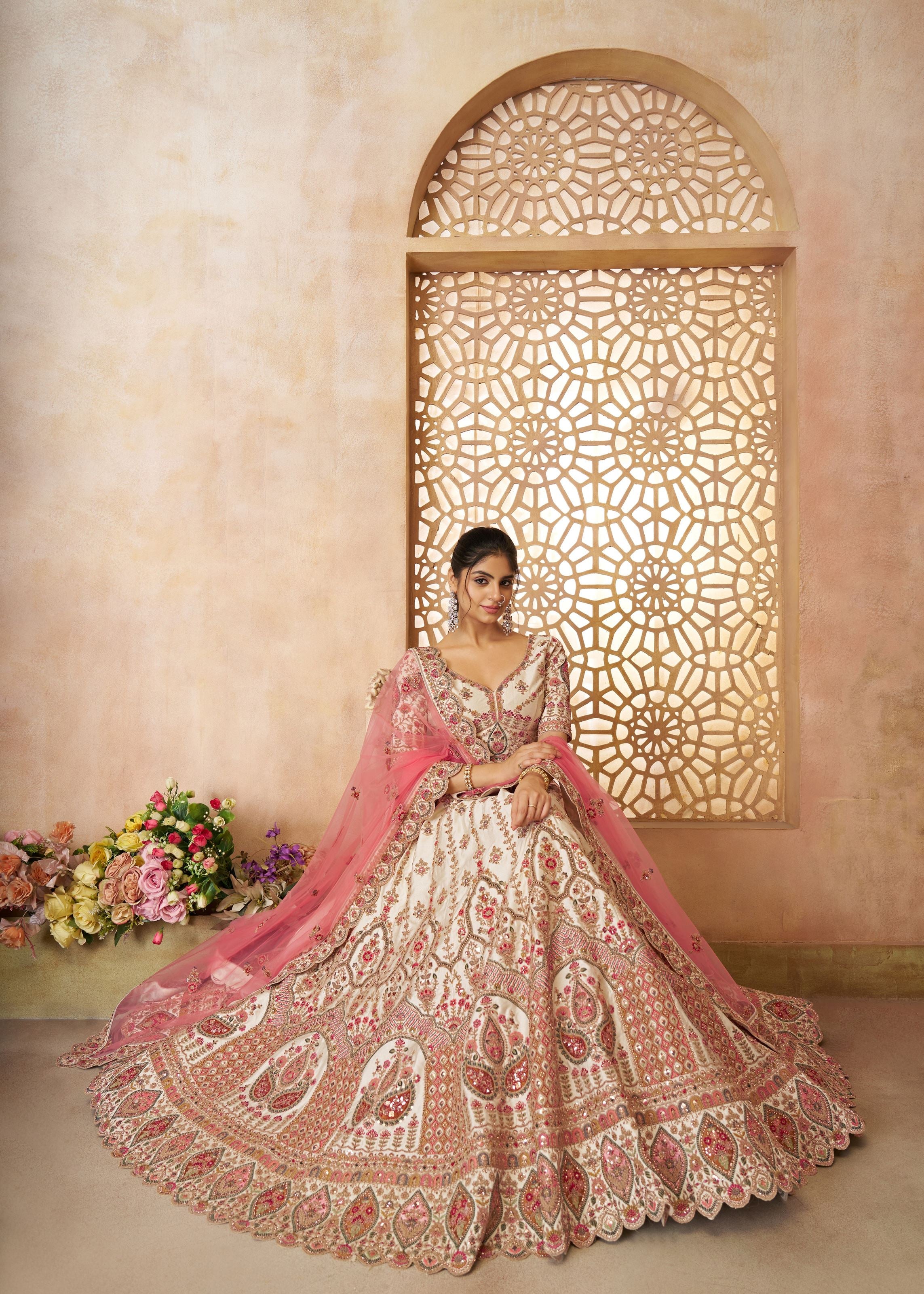 Whimiscal White Imperial Patterned Embroidered Bridal Lehenga
