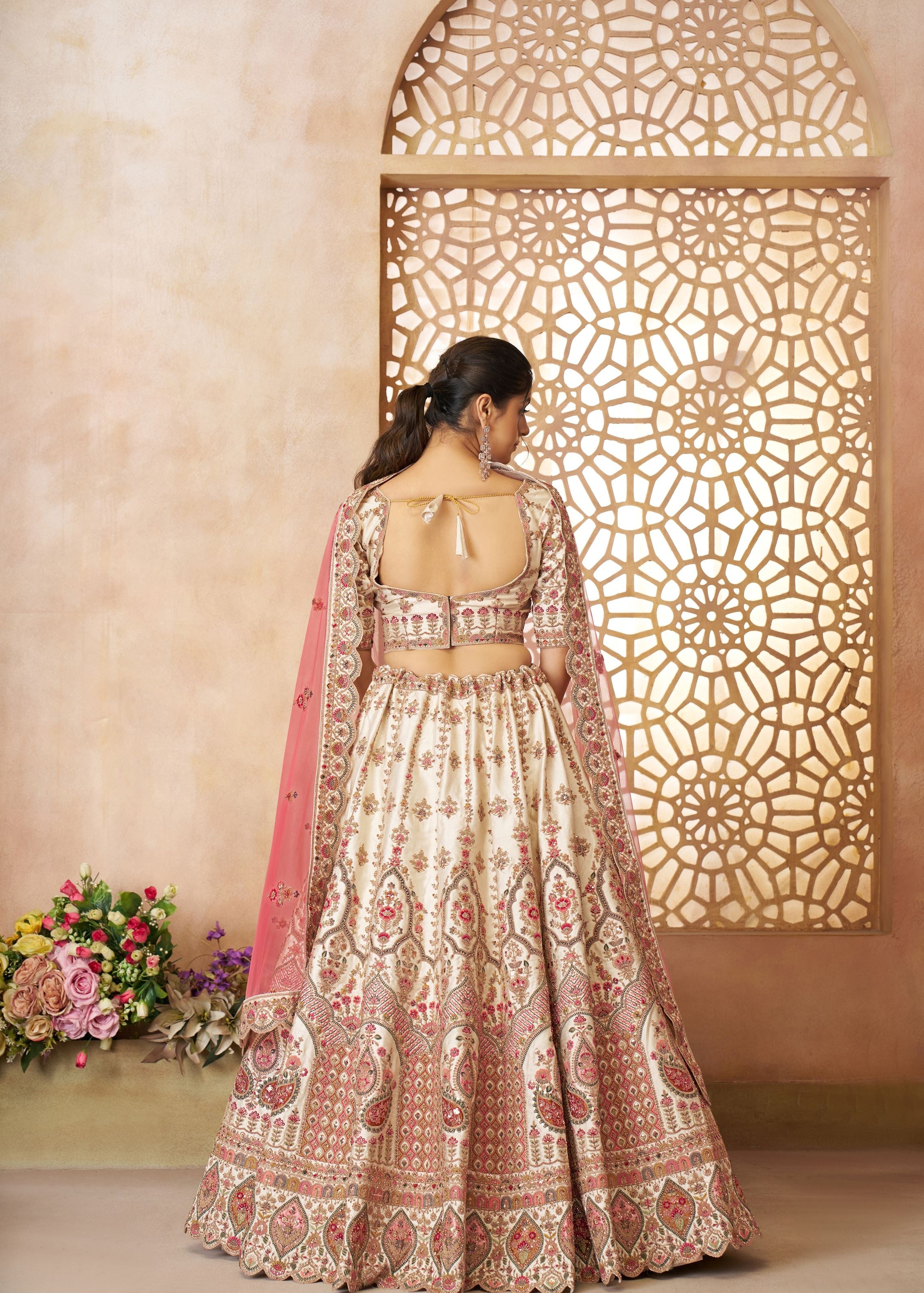 Whimiscal White Imperial Patterned Embroidered Bridal Lehenga