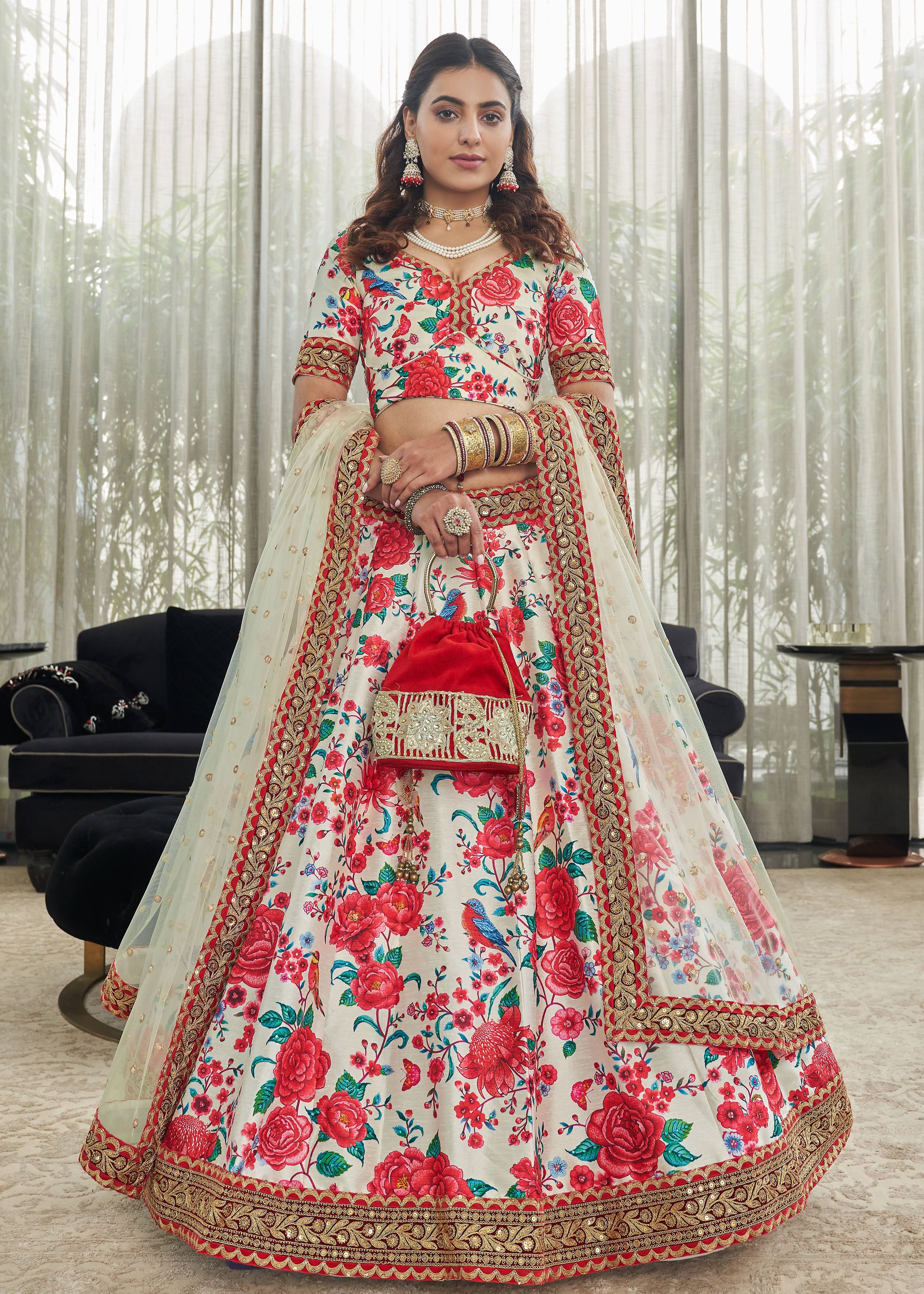 White-Red Lehenga Choli With Digital Print With Dori, Sequins And Stone Work