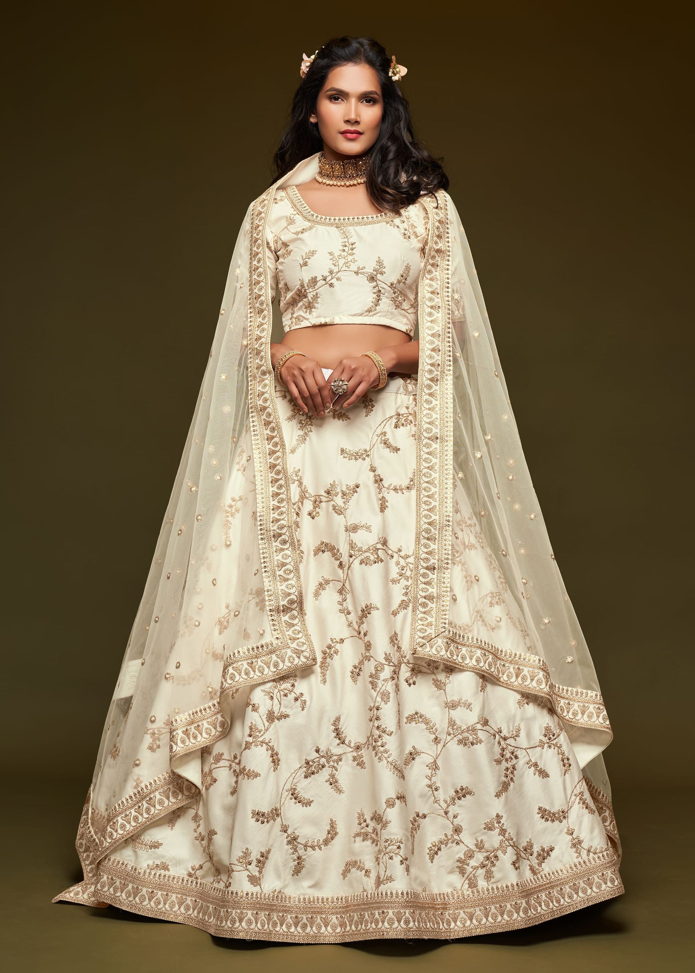 White Art Silk Lehenga Choli With Thread, Zari, Dori and Sequins Embroidery Work