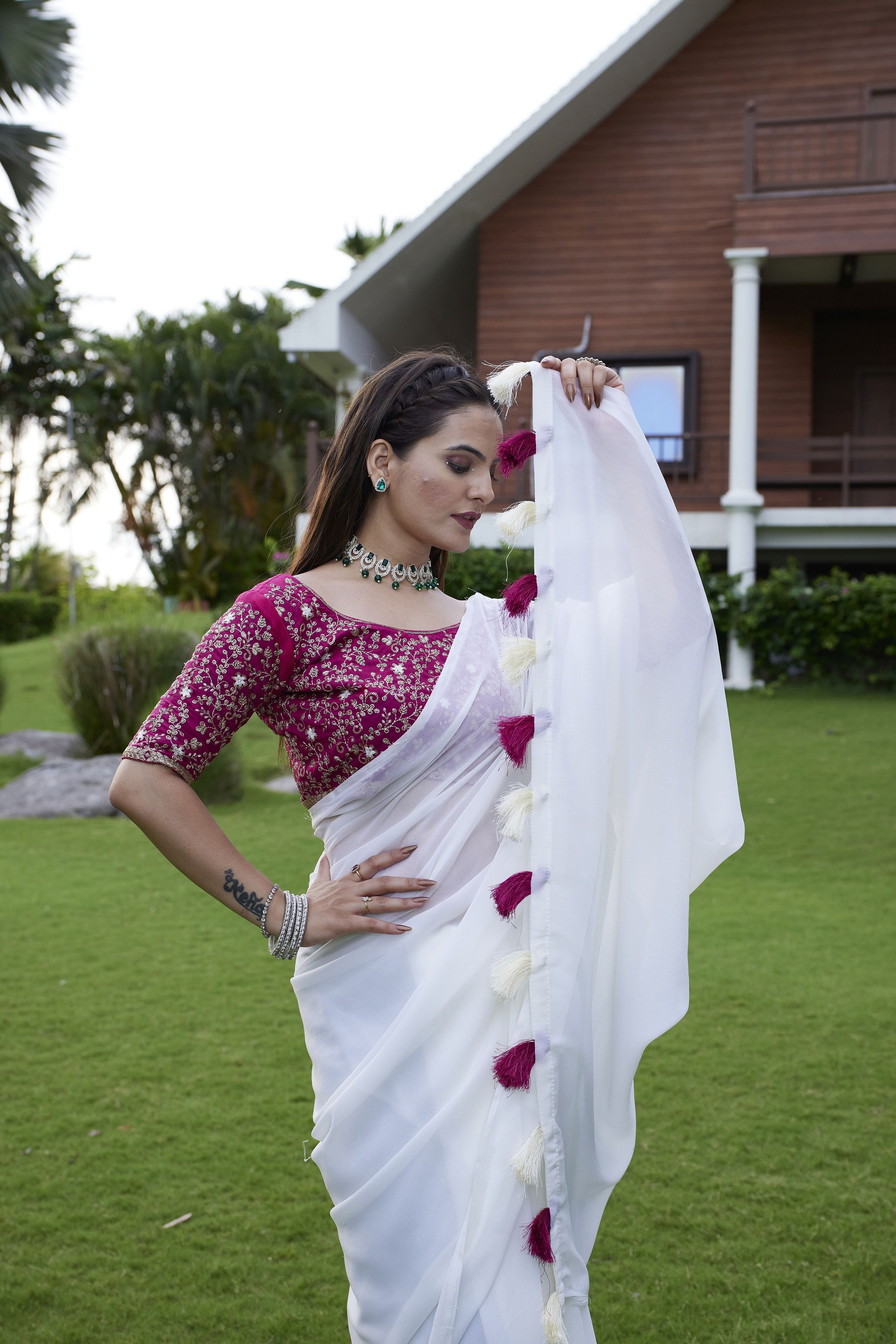 White Beautiful Fancy Saree With Embroidered Blouse