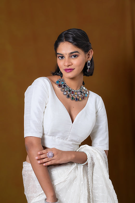 White Blouse in Art Silk with Half Sleeves and Sweetheart Neckline