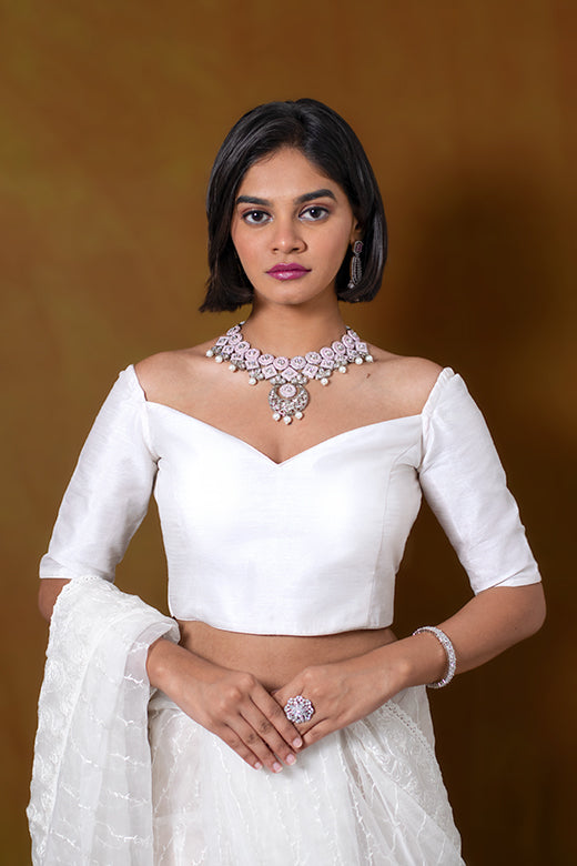 White Blouse in Art Silk with Off Shoulder Half Sleeves and Sweetheart Neckline