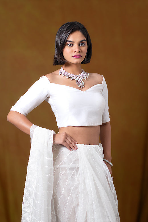 White Blouse in Art Silk with Off Shoulder Half Sleeves and Sweetheart Neckline