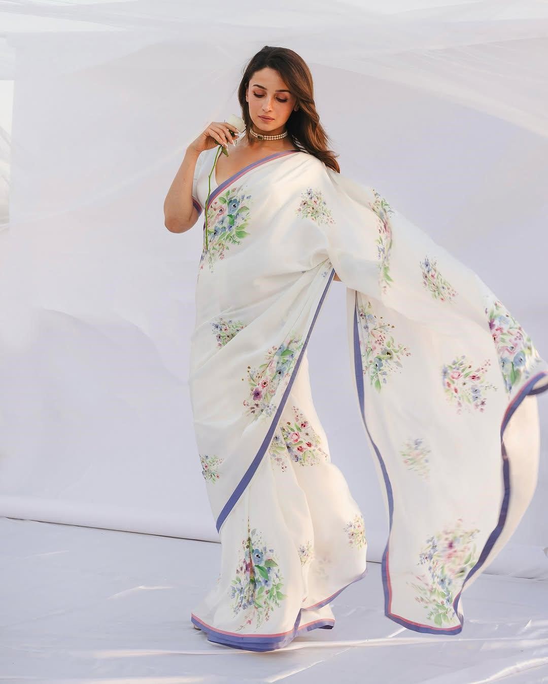 White Bright Moss Saree With Printed