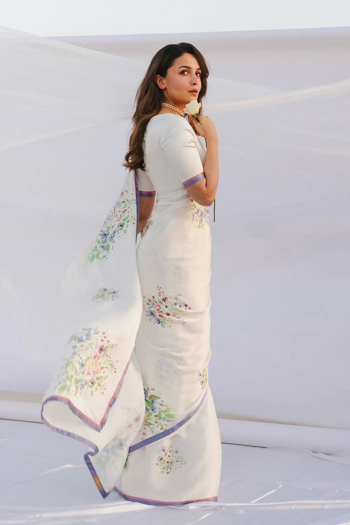 White Bright Moss Saree With Printed