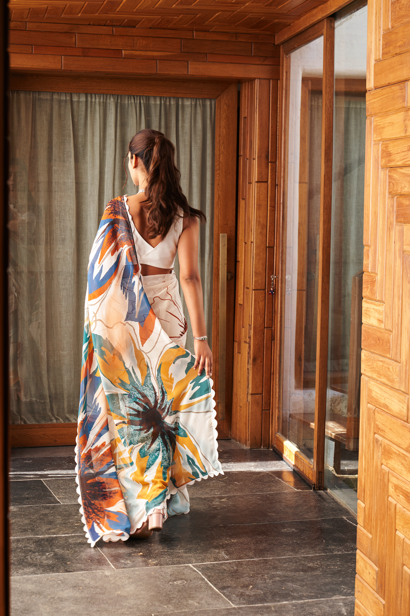 White Bright Moss Saree With Printed