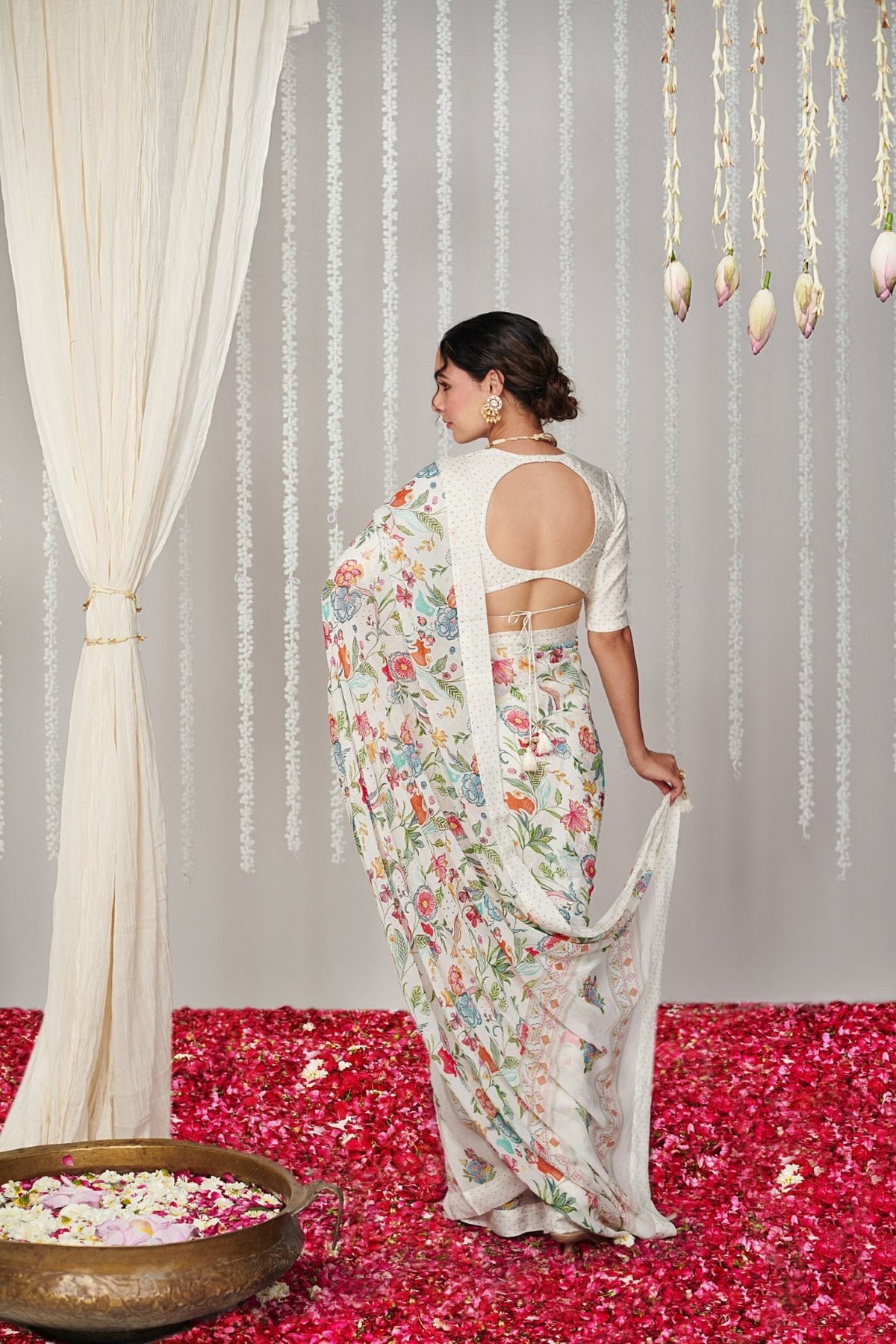 White Bright Moss Saree With Printed