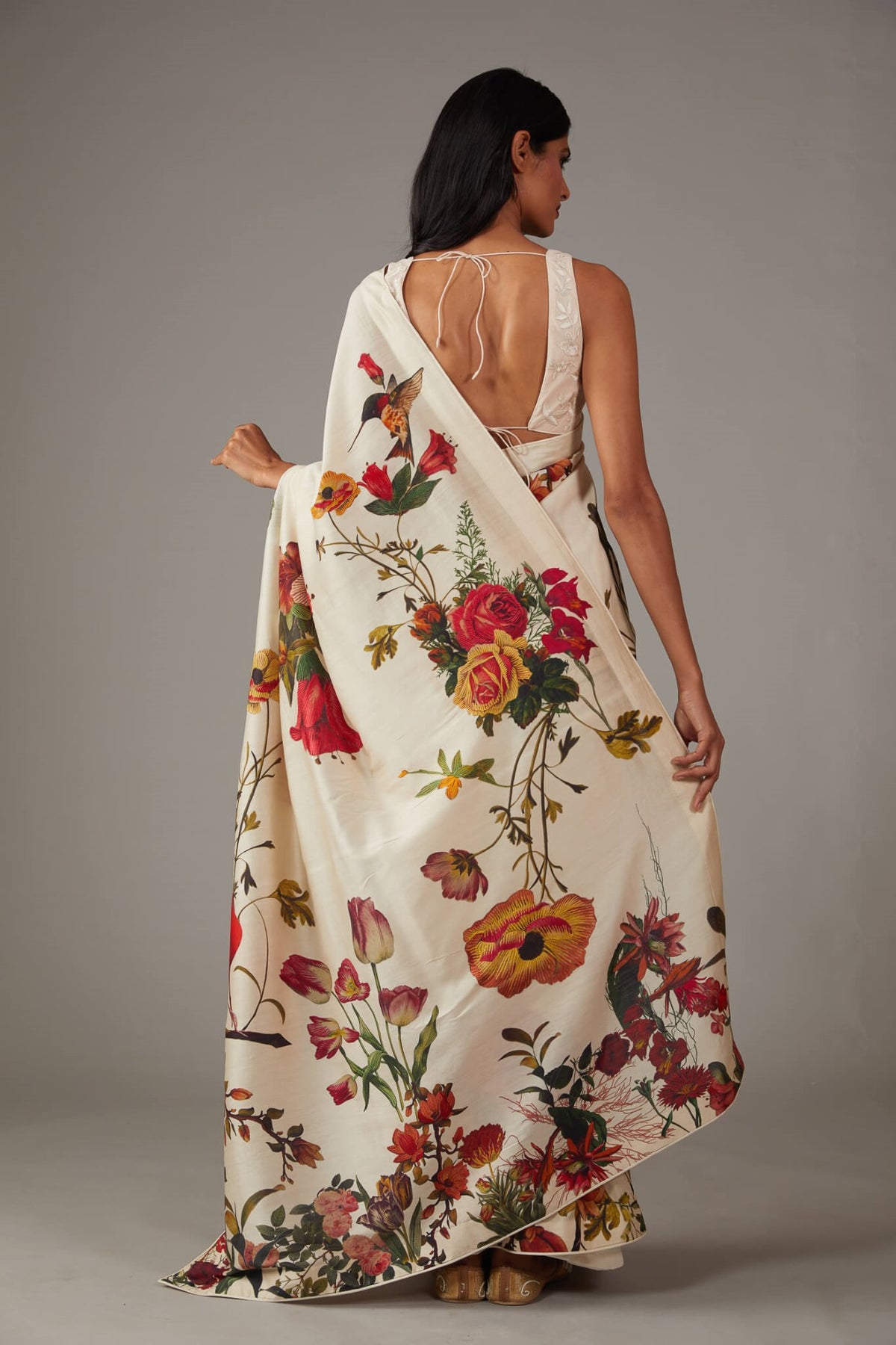 White Bright Moss Saree With Printed