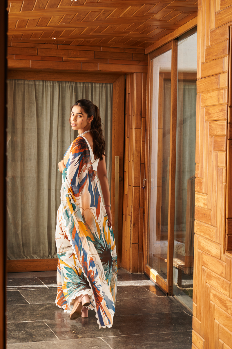 White Bright Moss Saree With Printed