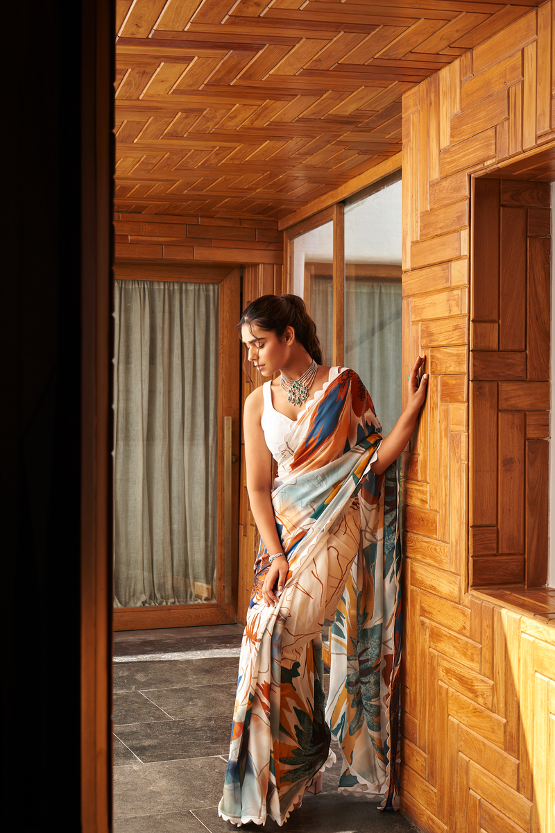 White Bright Moss Saree With Printed