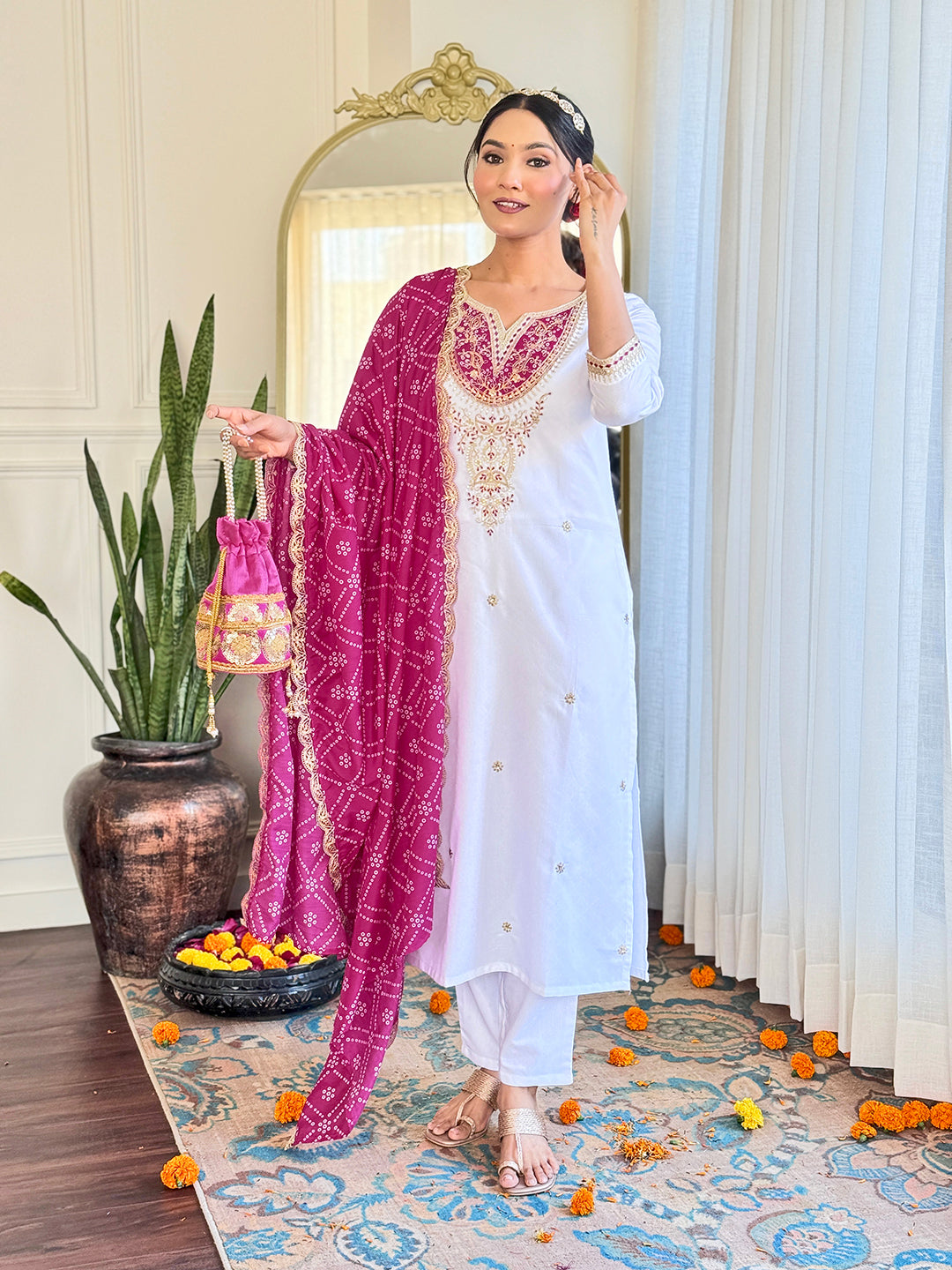 White Bsy Viscose Elegant Kurta Pant Set With Embroidery Work