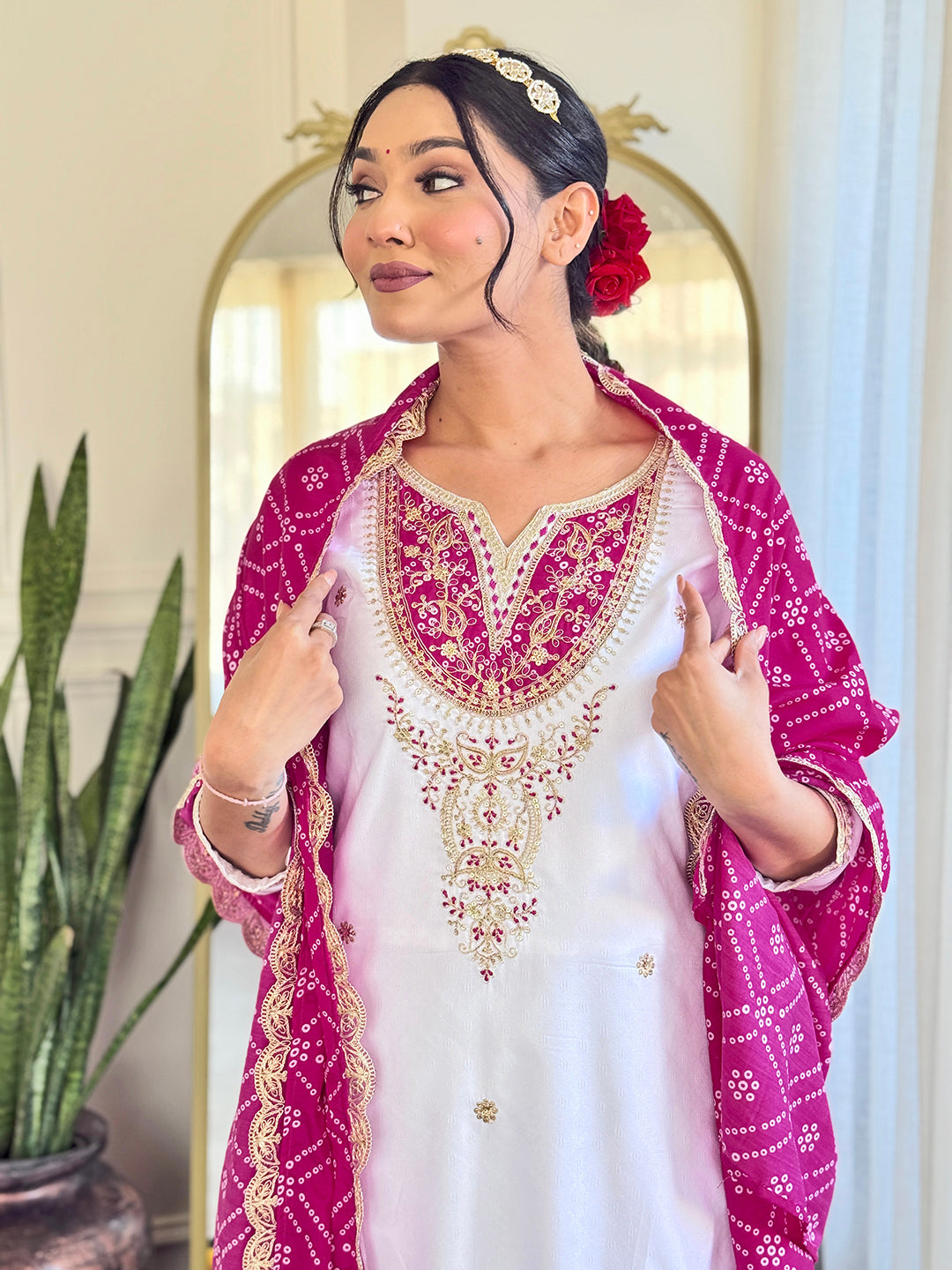 White Bsy Viscose Elegant Kurta Pant Set With Embroidery Work