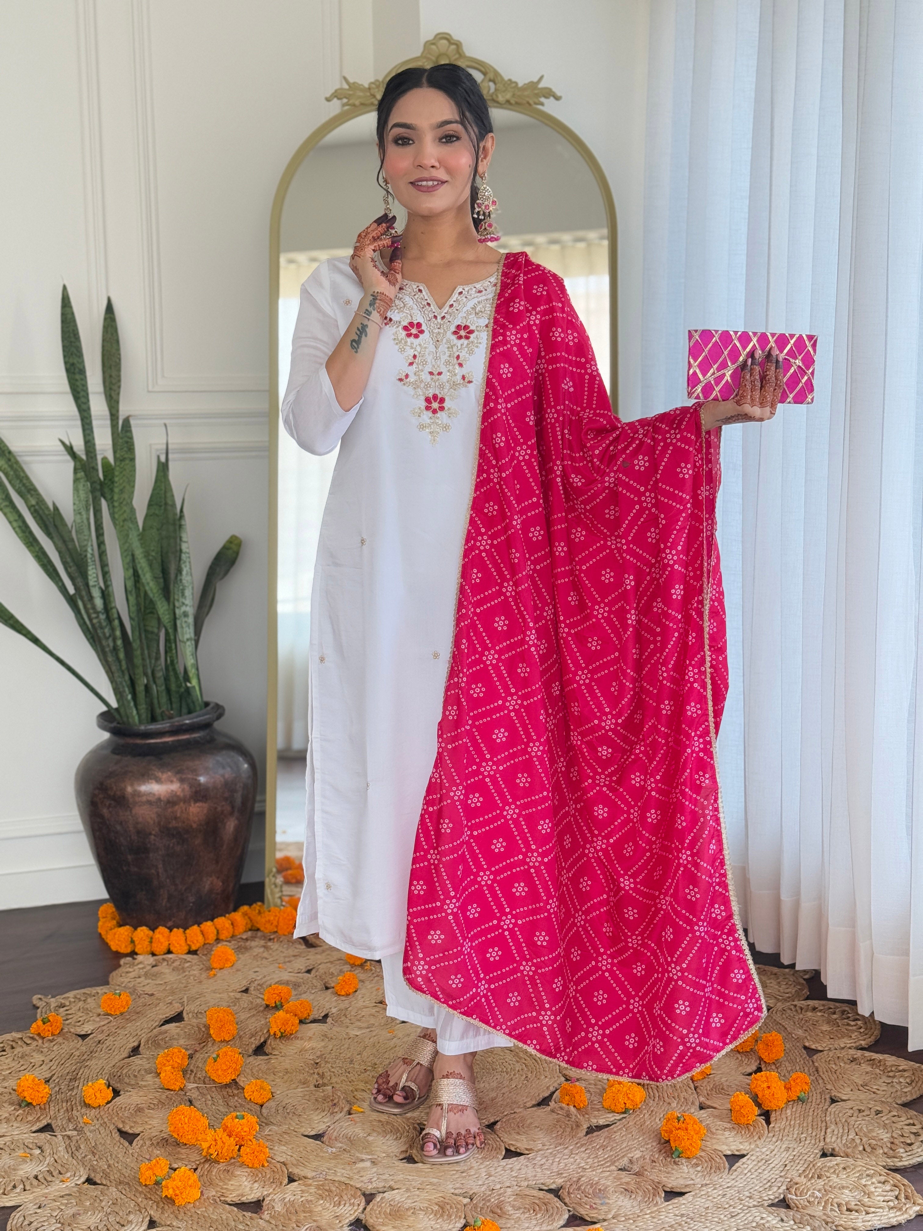 White Bsy Viscose Elegant Kurta Pant Set With Embroidery Work