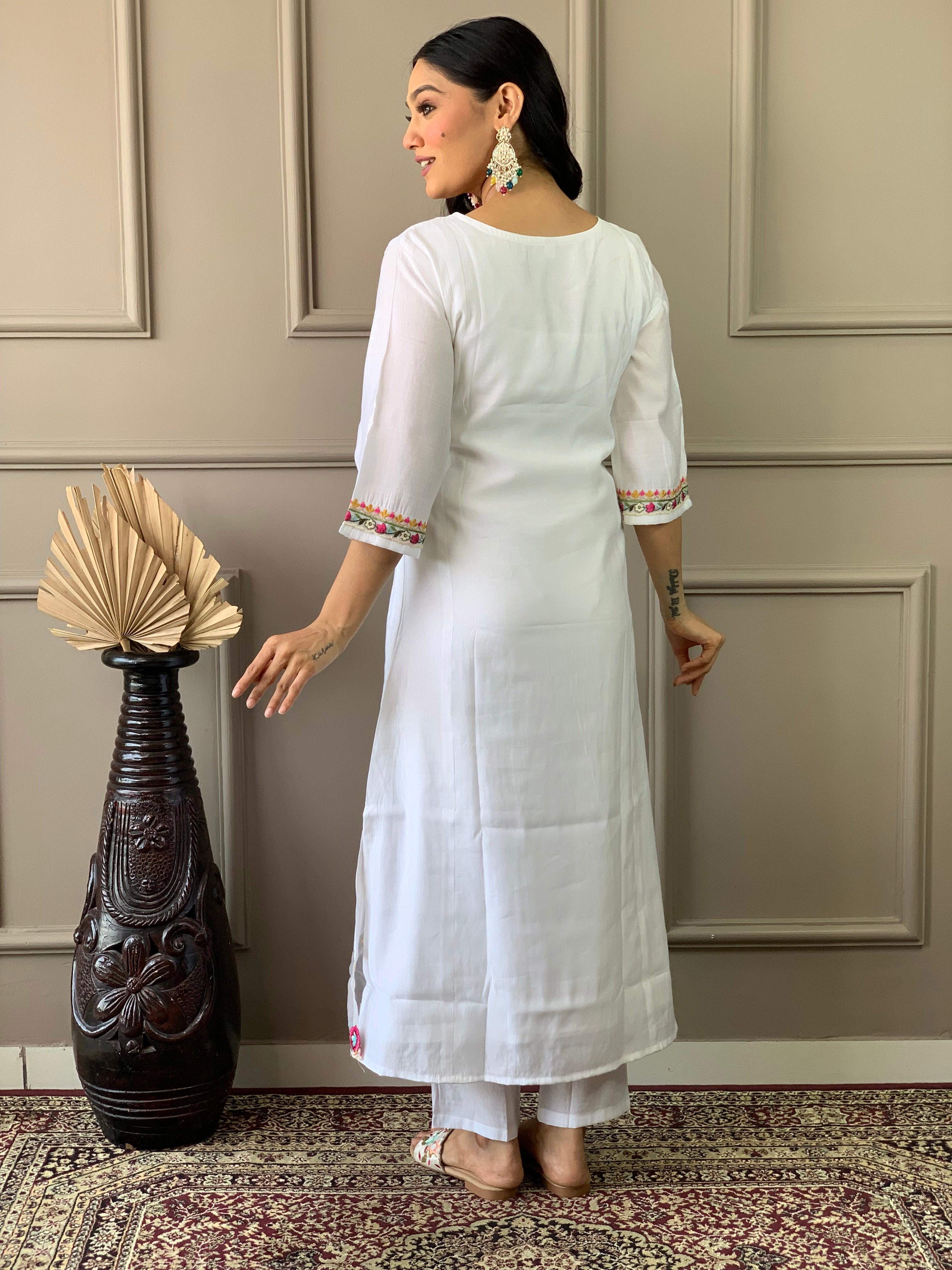 White Chanderi Silk Elegant Kurta Pant Set With Woven Work