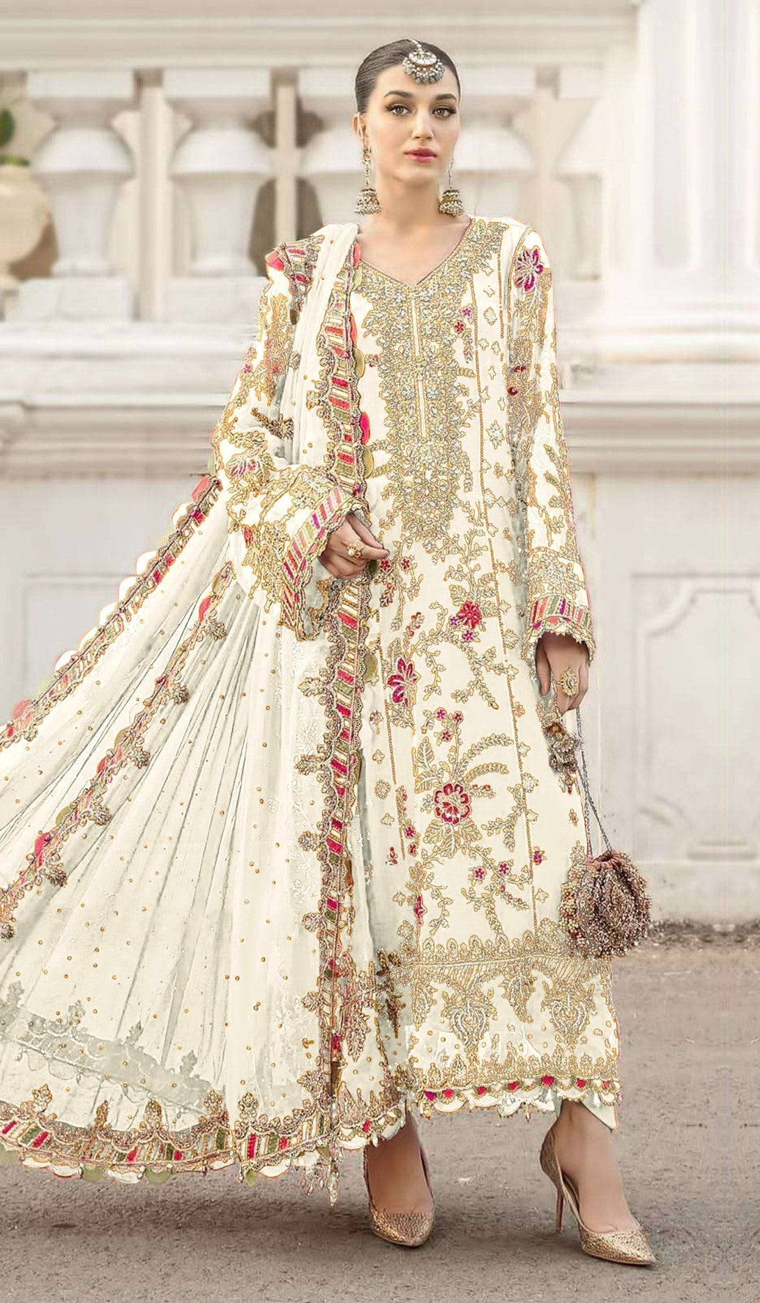 White Chiffon Designer Suit Set With Delicate Embroidery