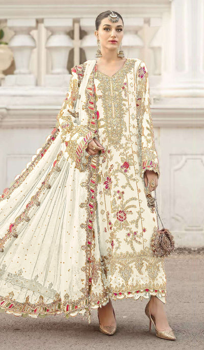 White Chiffon Designer Suit Set With Delicate Embroidery