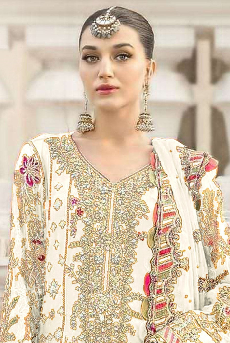 White Chiffon Designer Suit Set With Delicate Embroidery