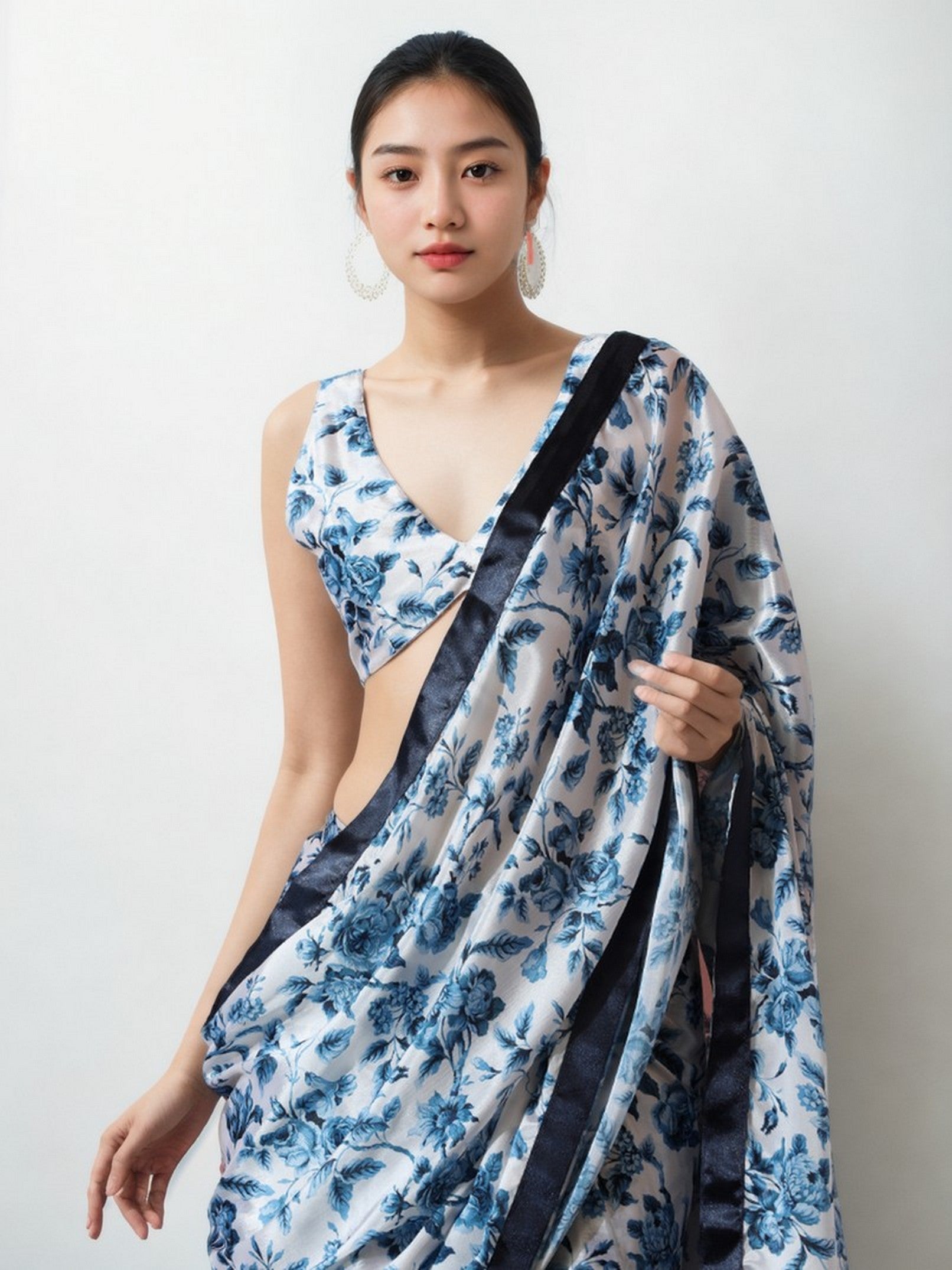 White Chinnon Partywear Printed Girlie Ready To Wear Saree