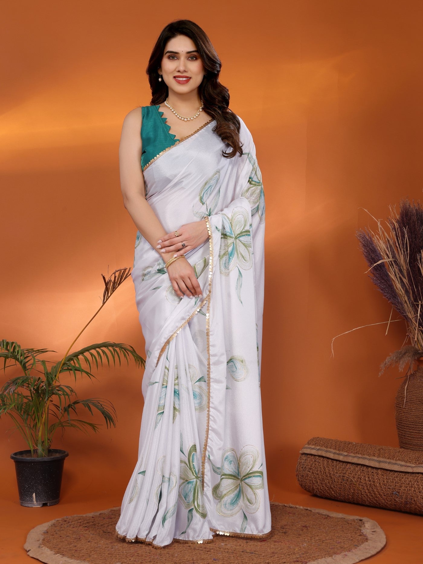 White Chinon Chiffon Saree With Printed Design And Foil Work