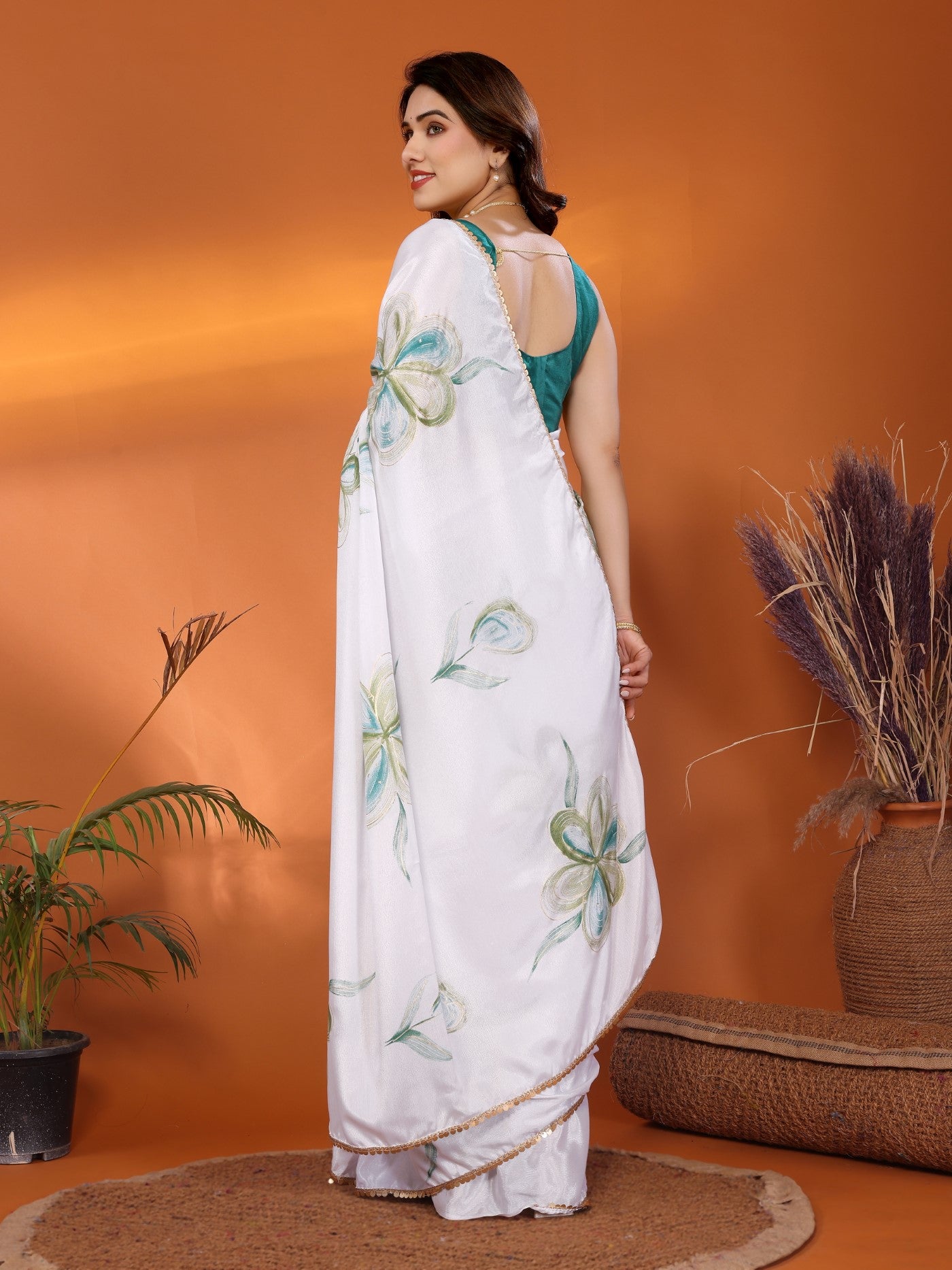 White Chinon Chiffon Saree With Printed Design And Foil Work