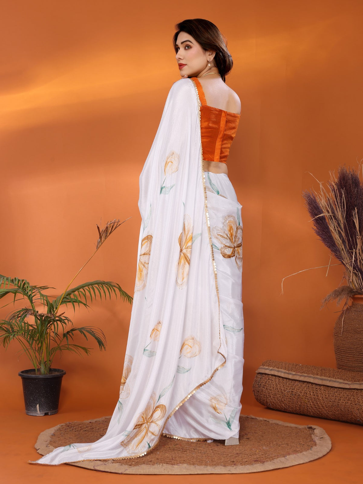 White Chinon Chiffon Saree With Printed Design And Foil Work