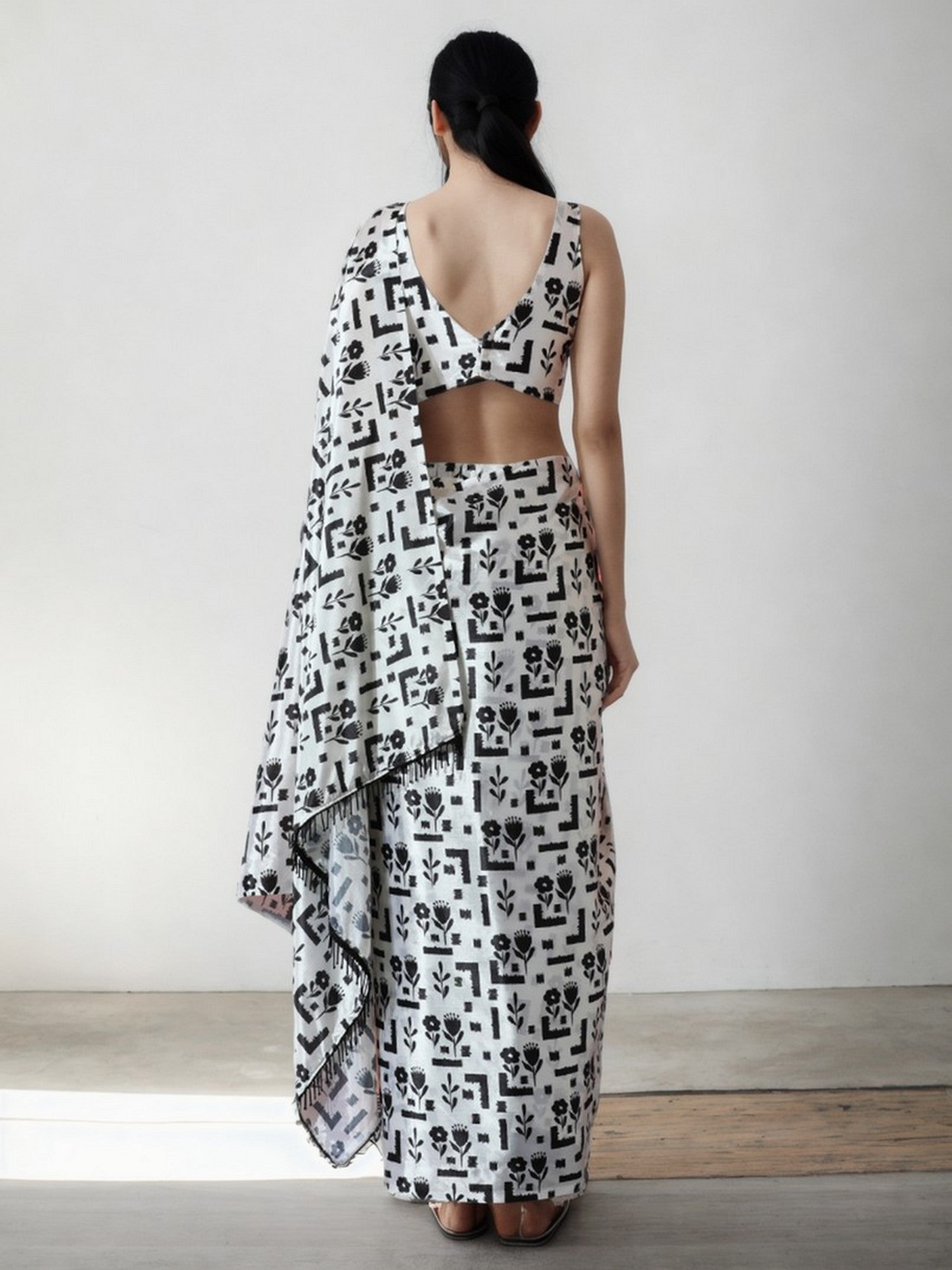 White Chinon Designer Digital Printed Ready To Wear Saree