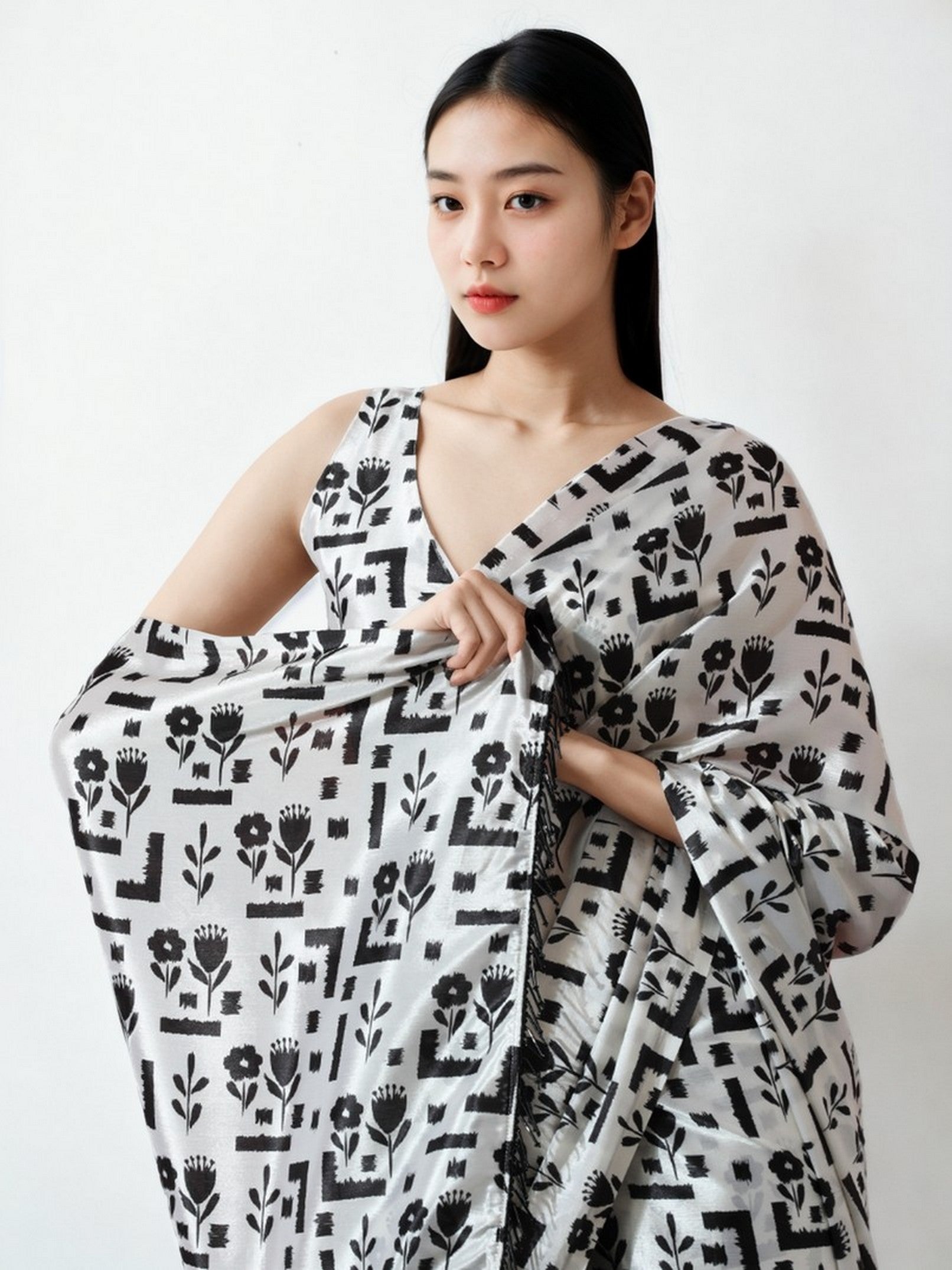 White Chinon Designer Digital Printed Ready To Wear Saree