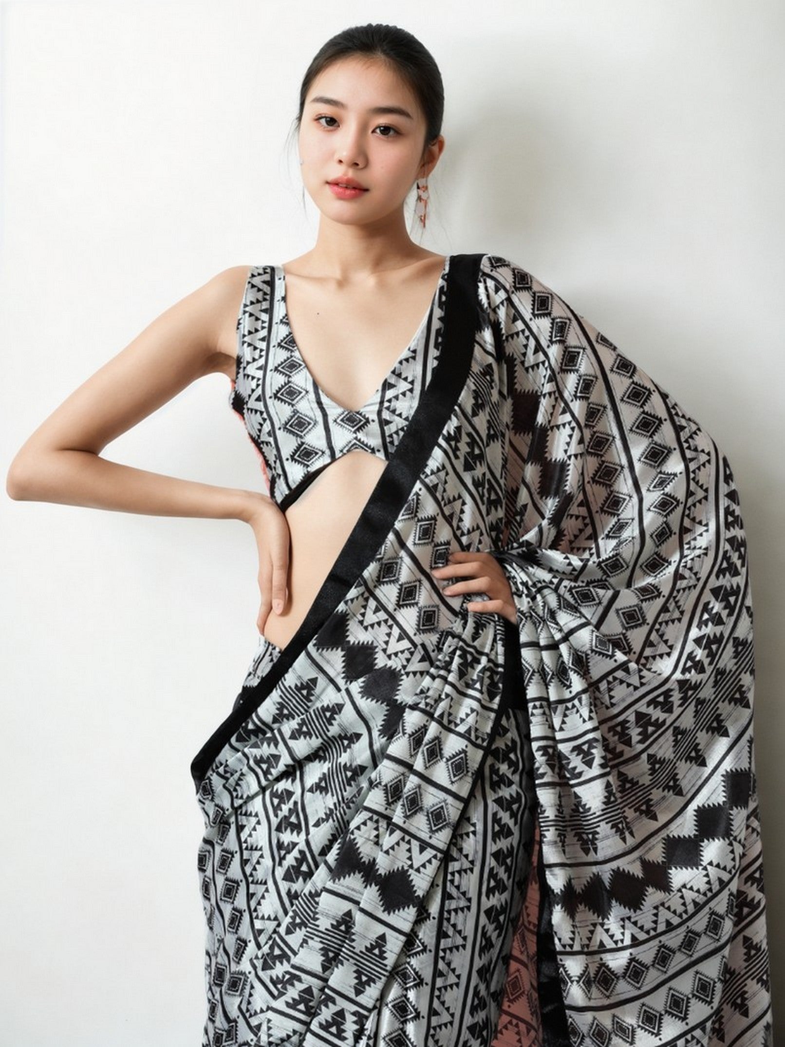 White Chinon Designer Digital Printed Ready To Wear Saree