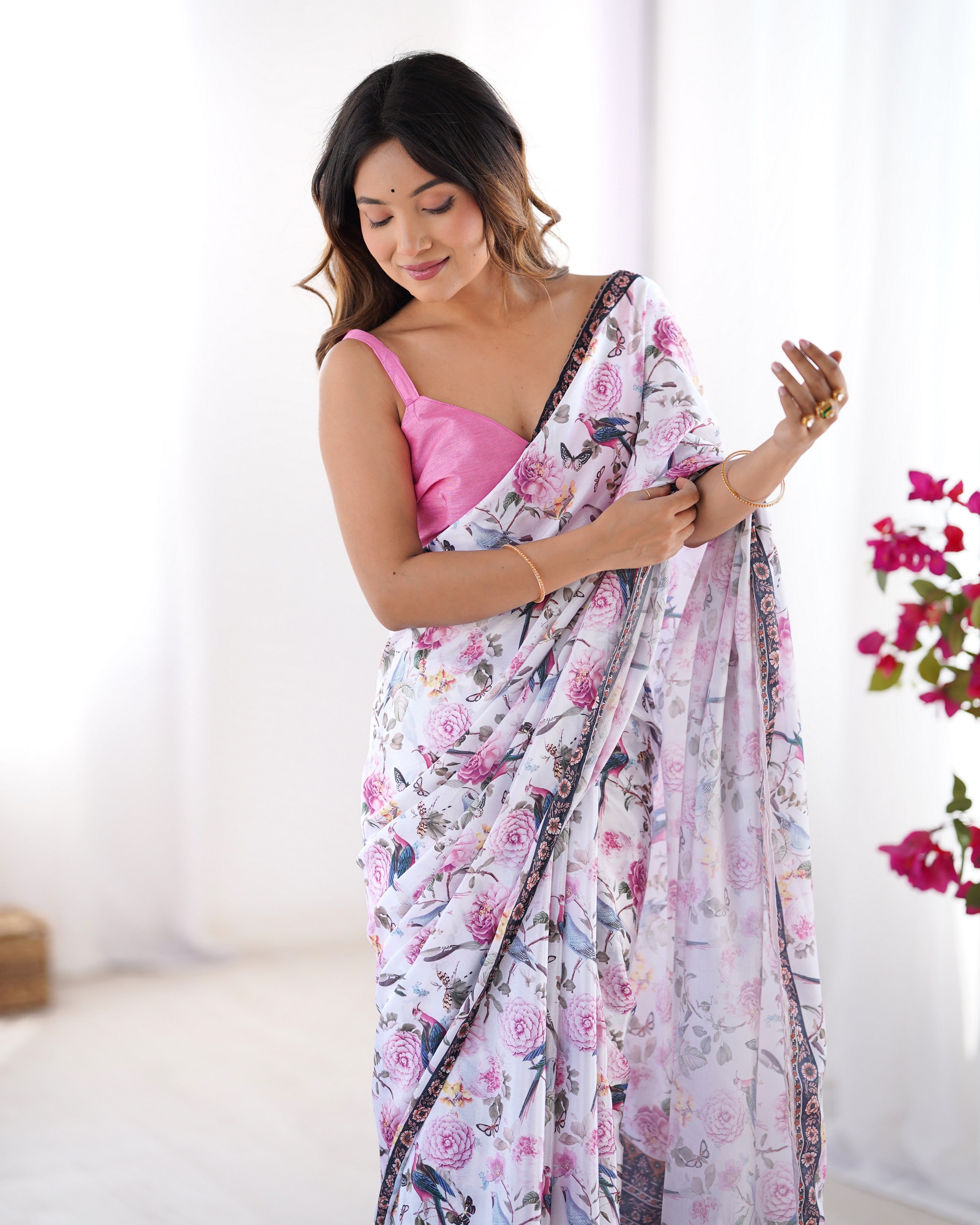 White Chinon Designer Printed Partywear Saree