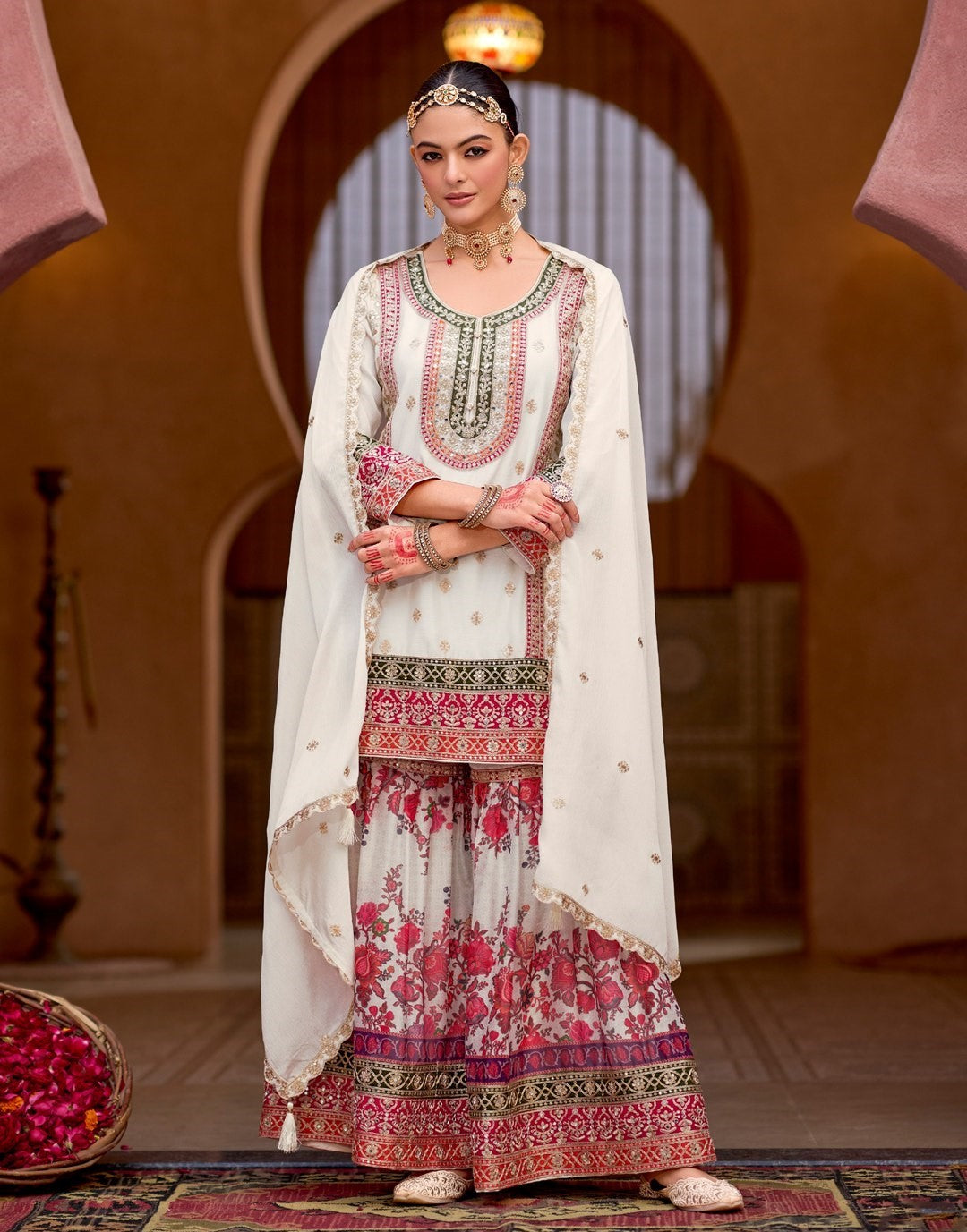 White Chinon Designer Suit Set With Elegant Embroidery