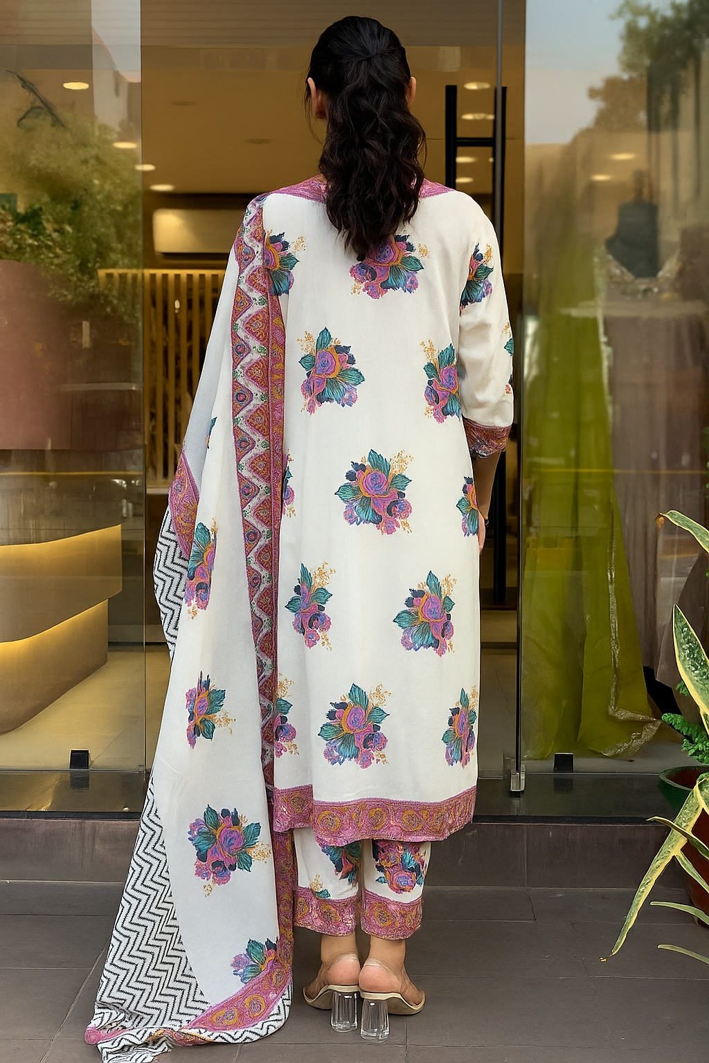 White Cotton Kurta Pant Set With Print With Heavy Thread Embroidered Work