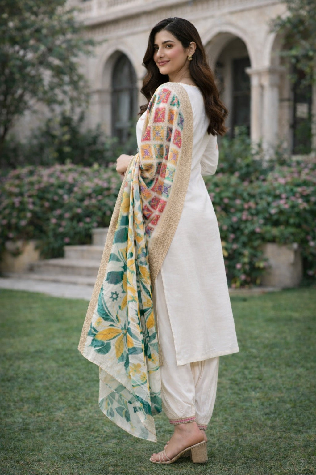 White Cotton Silk Designer Suit Set With Sequin Embroidery