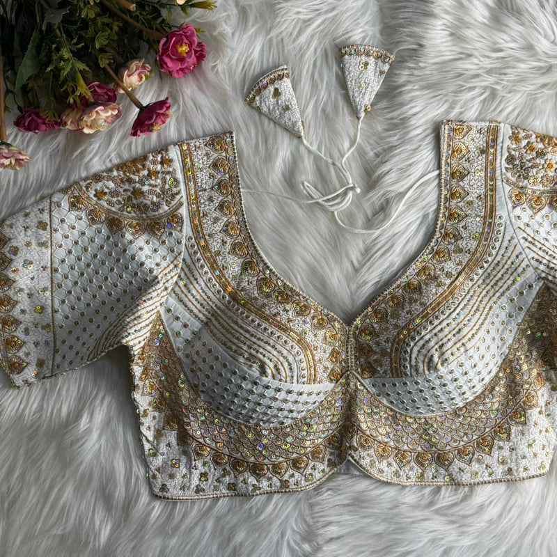 White Designer Bridal Blouse with Heavy Stars, Rainbow & Sequins Work  Roman Silk