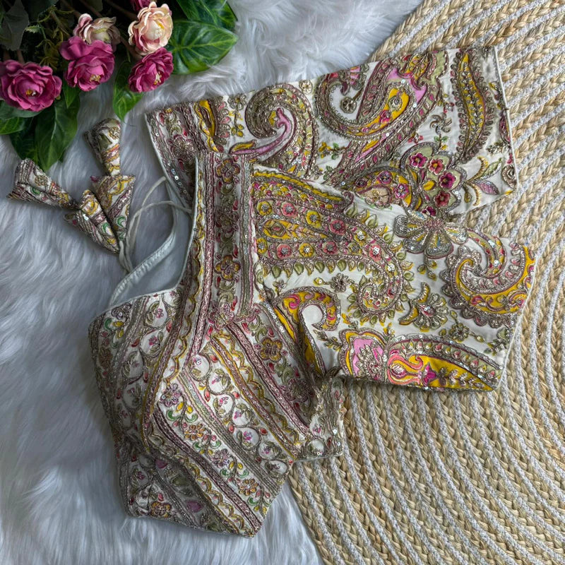 White Designer Partywear Crepe Blouse with Heavy Position Embroidery & Sequins Work