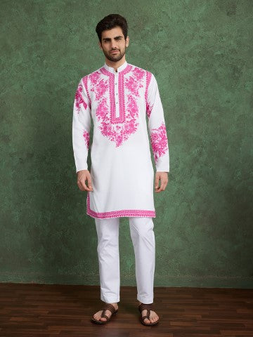 White Designer Viscose Rayon Printed Festive Kurta
