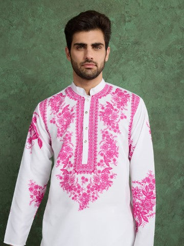 White Designer Viscose Rayon Printed Festive Kurta