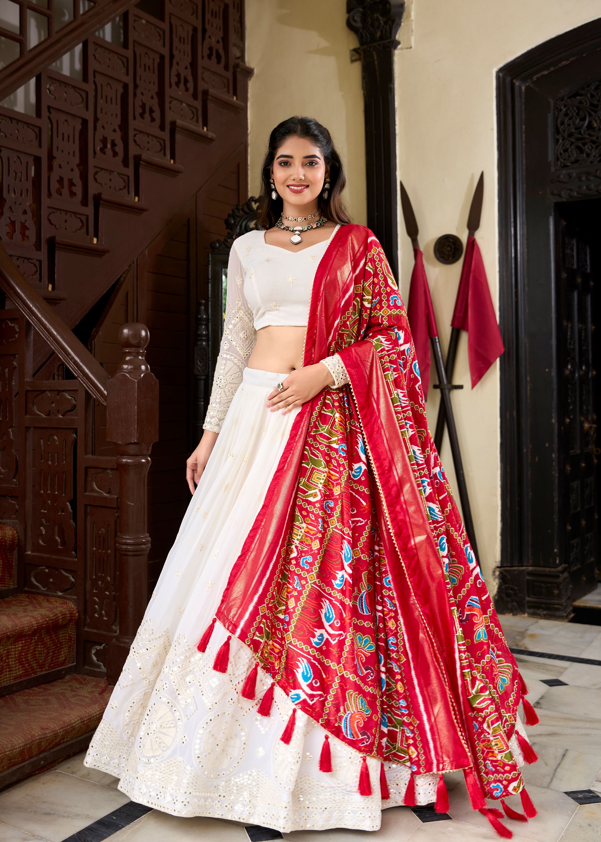 White Elegance Lucknowi Embroidered Lehenga with Subtle Mirror Highlights